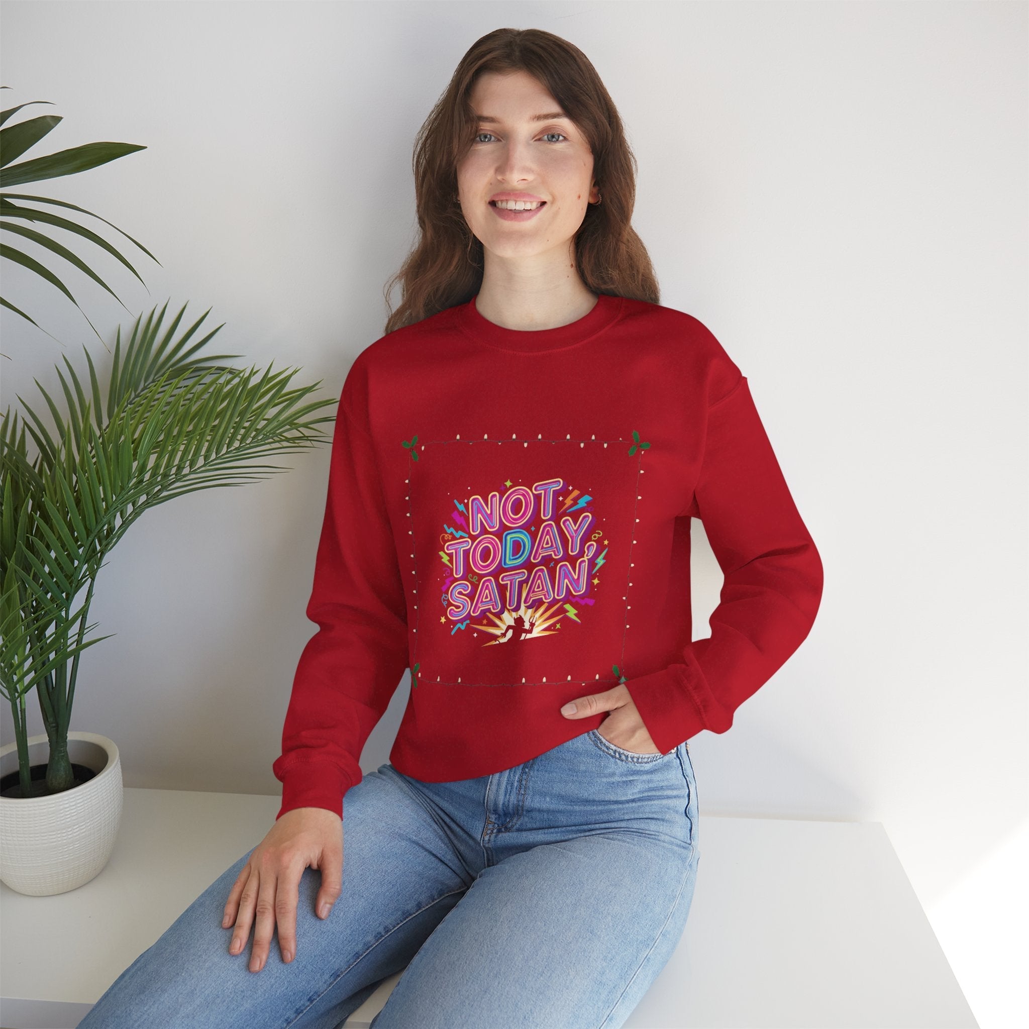 🔥 Not Today, Satan – Retro 90s Christian Sweatshirt | Neon Faith Tee | Funky Cartoon Devil | Bold Bible Verse Shirt | Uplifted Gear Printify