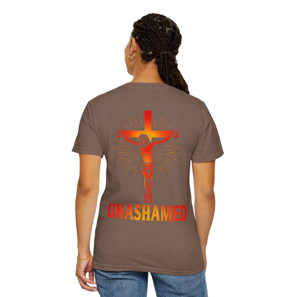Unashamed T-shirt – Romans 1:16 Crucifixion Christian t-shirt for Bold Unwavering Faith Red Printify