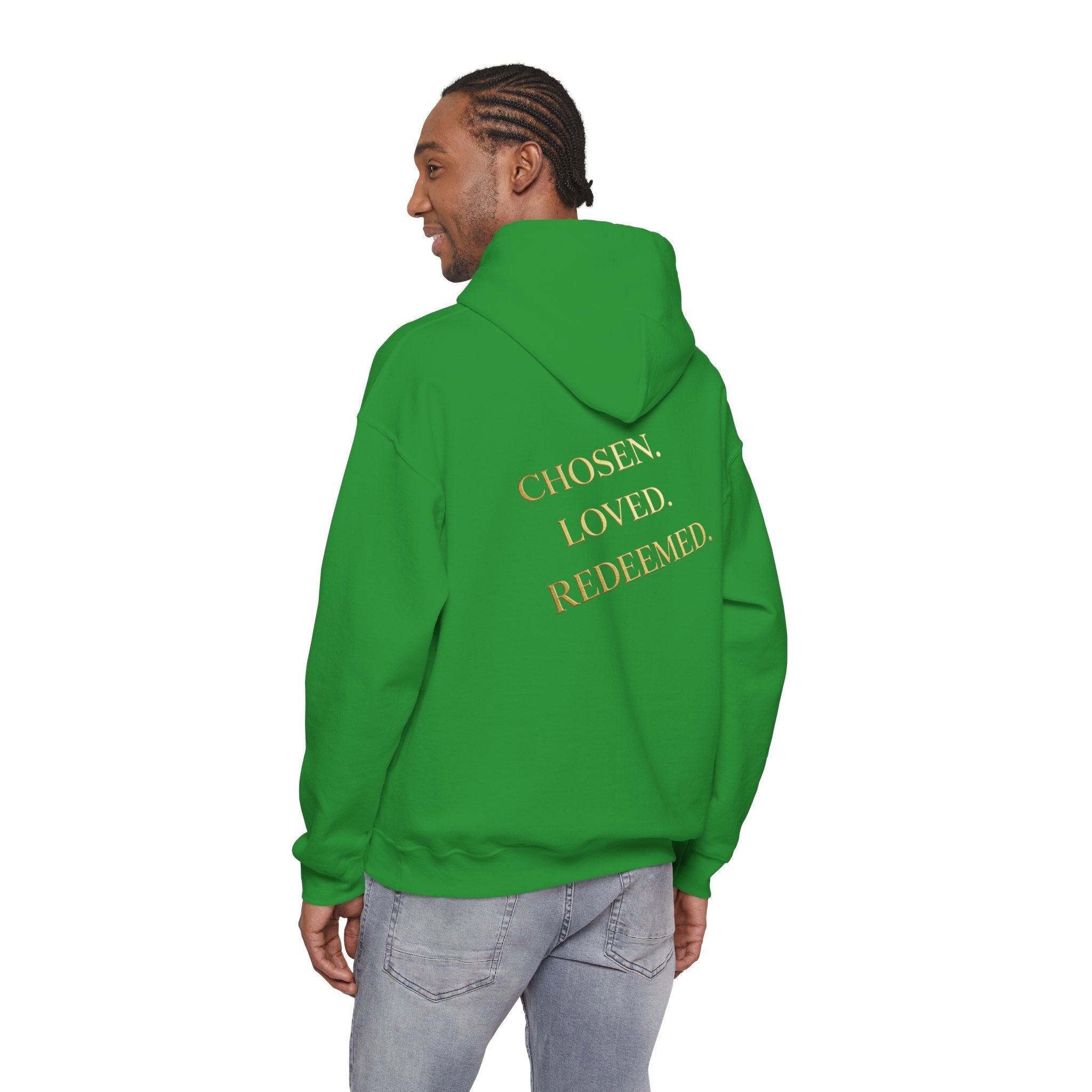 ✨ Chosen. Loved. Redeemed. – Elegant Christian Hoodie | Gold Foil Faith Tee | Subtle Cross & Heart Design | Inspirational Bible Verse Apparel by Uplifted Gear Printify