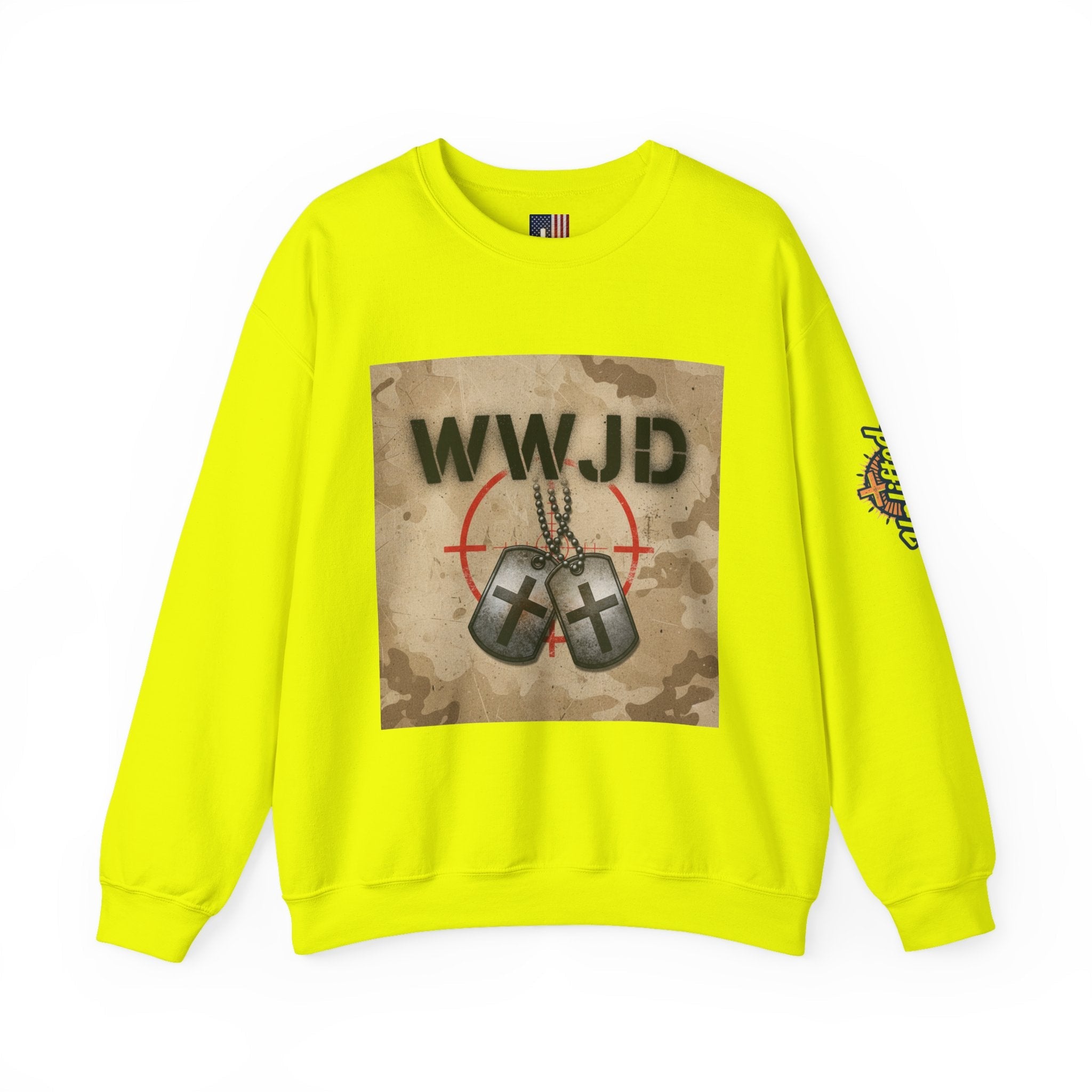 WWJD Sweatshirt – Military Dog Tags What Would Jesus Do Camo Christian Sweatshirt for Bold Faith & Streetwear Printify