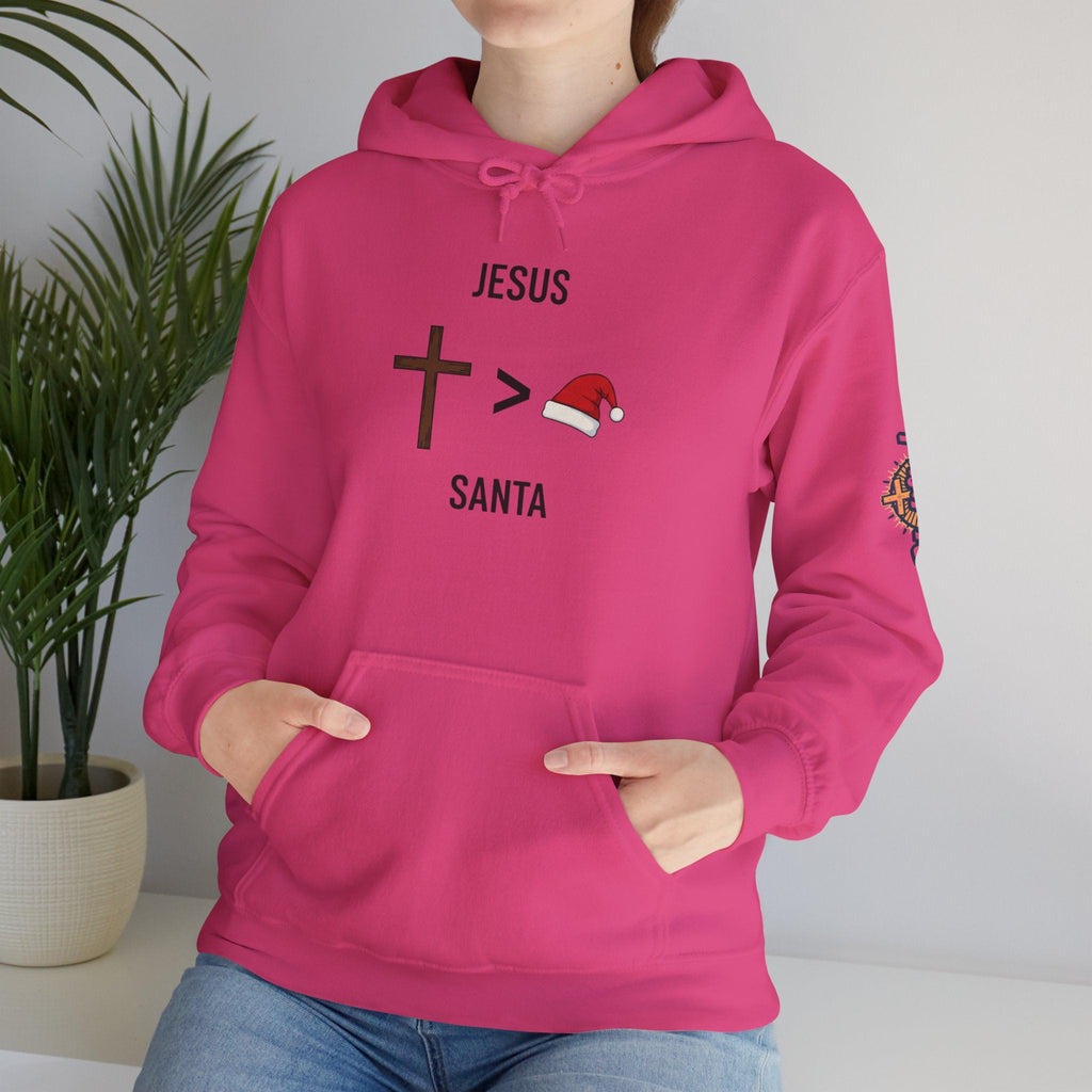 🎄 Jesus > Santa – Minimalist Christian Christmas Hoodie | Bold Faith Over Holiday Tee | Cross vs Santa Hat Design | Uplifted Gear Printify