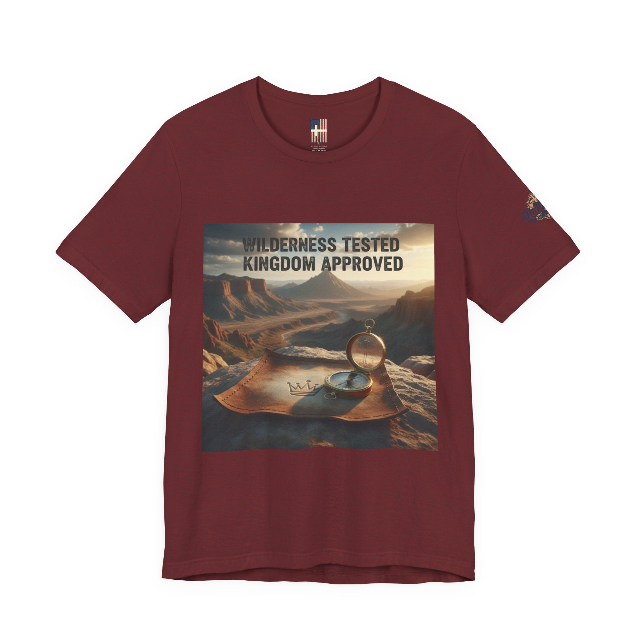 Wilderness Tested Kingdom Approved T-shirt – Mountain Desert Compass Crown Christian T-shirt for Biblical Adventure Faith Printify