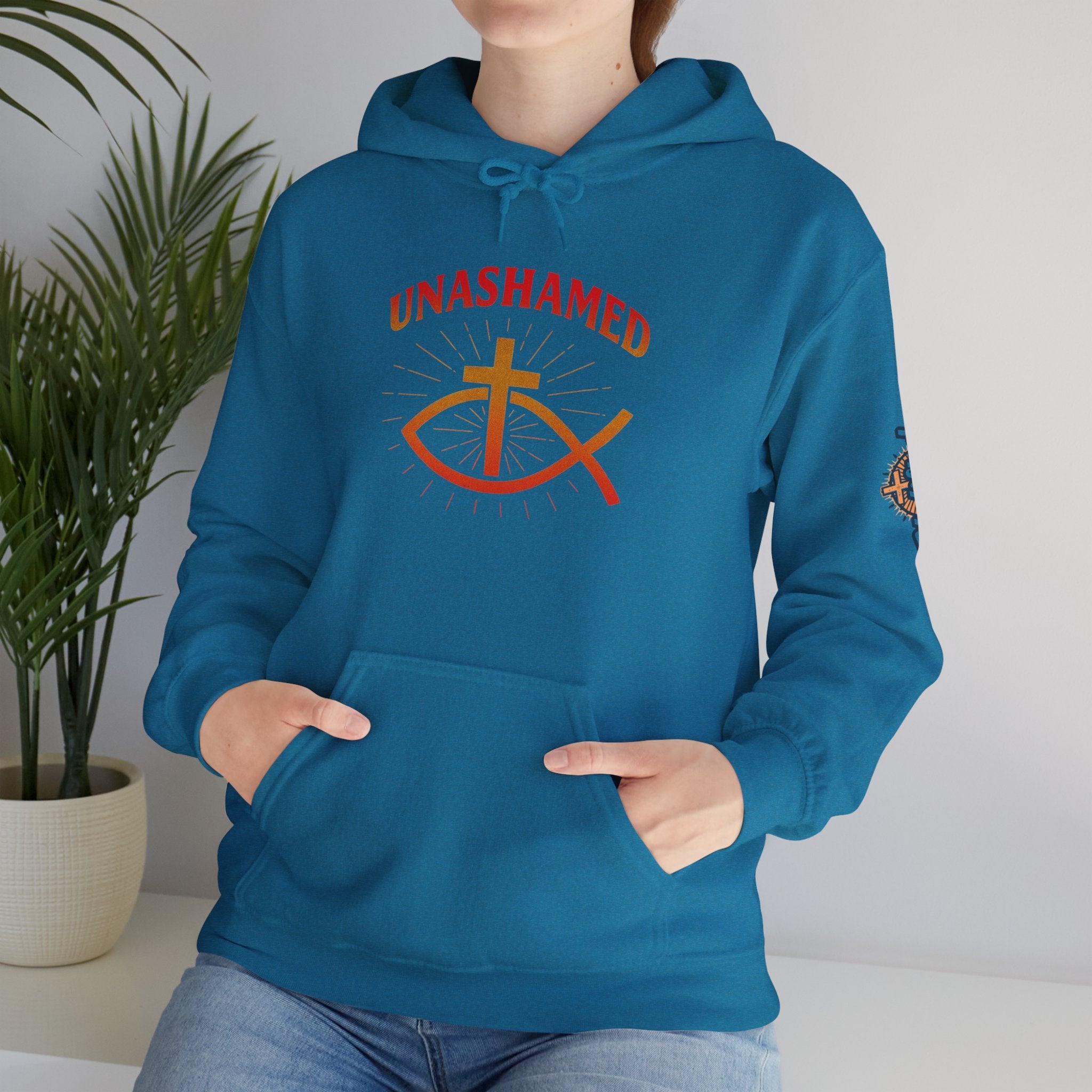 Unashamed Hoodie – Ichthys Jesus Fish & Cross Christian Sweatshirt for Romans 1:16 Bold Faith Printify