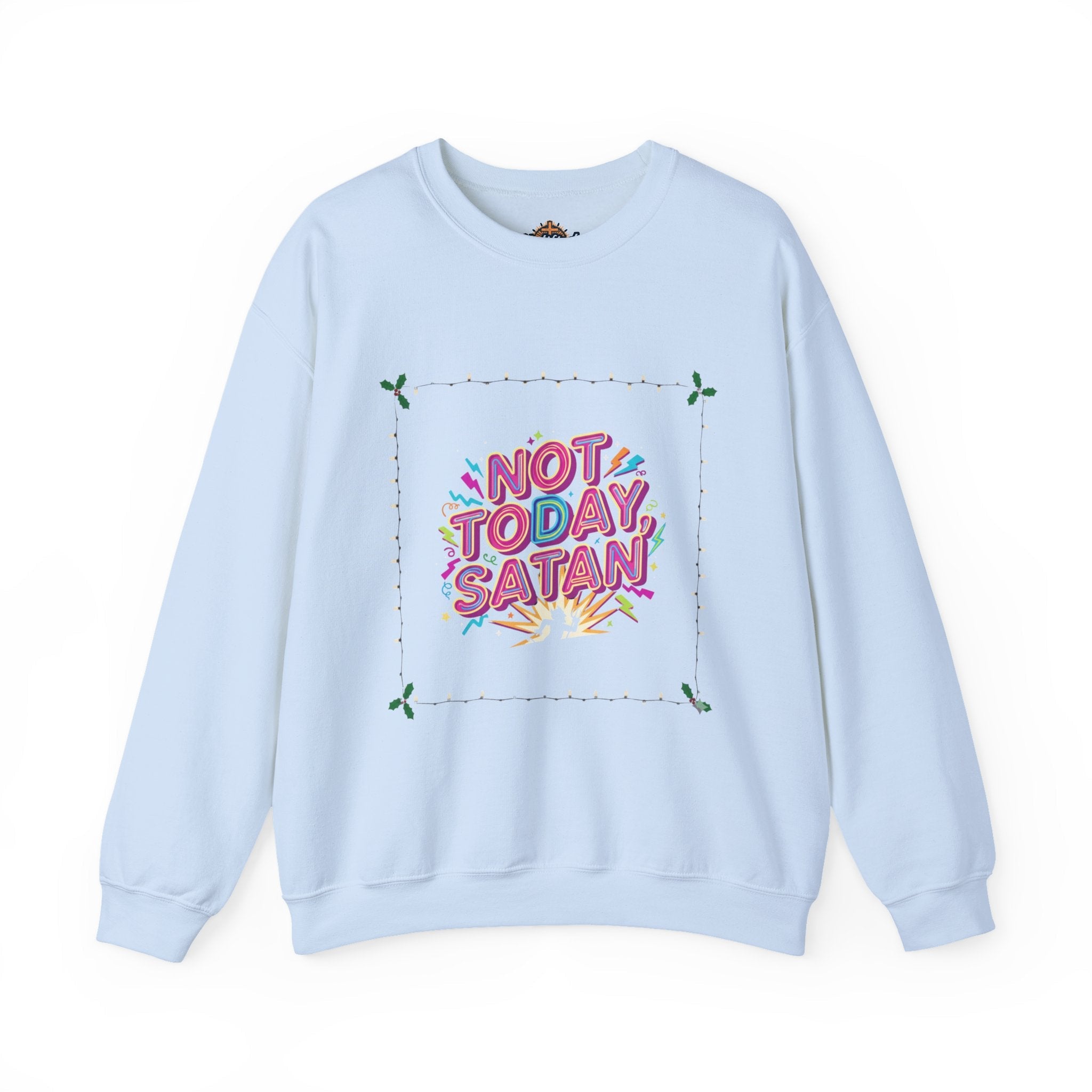 🔥 Not Today, Satan – Retro 90s Christian Sweatshirt | Neon Faith Tee | Funky Cartoon Devil | Bold Bible Verse Shirt | Uplifted Gear Printify