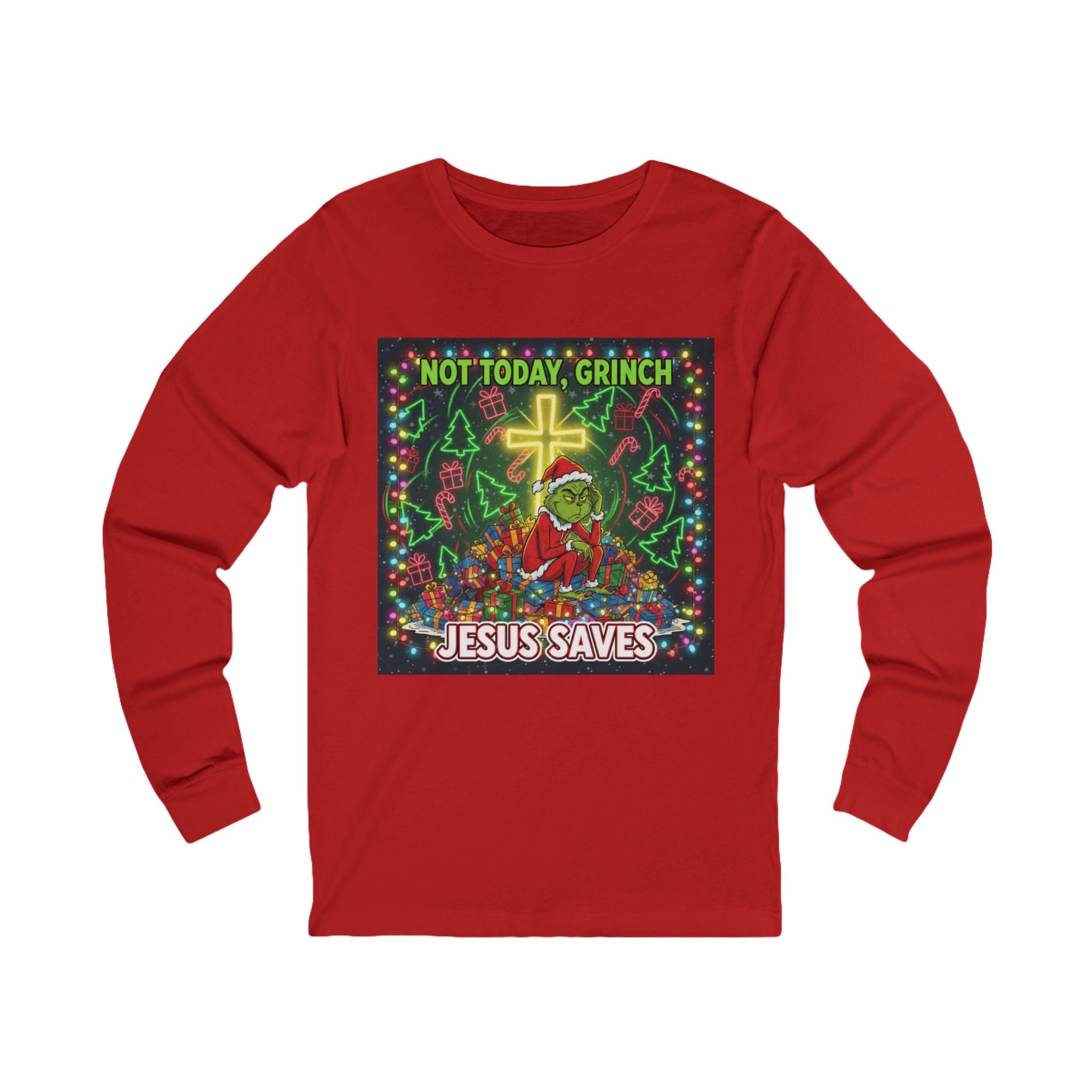🎄 Not Today, Grinch – Jesus Saves | Funny Christian Christmas Long Sleeve Shirt | Festive Green & Red Cartoon Style | Bold Faith Holiday Tee by Uplifted Gear Printify