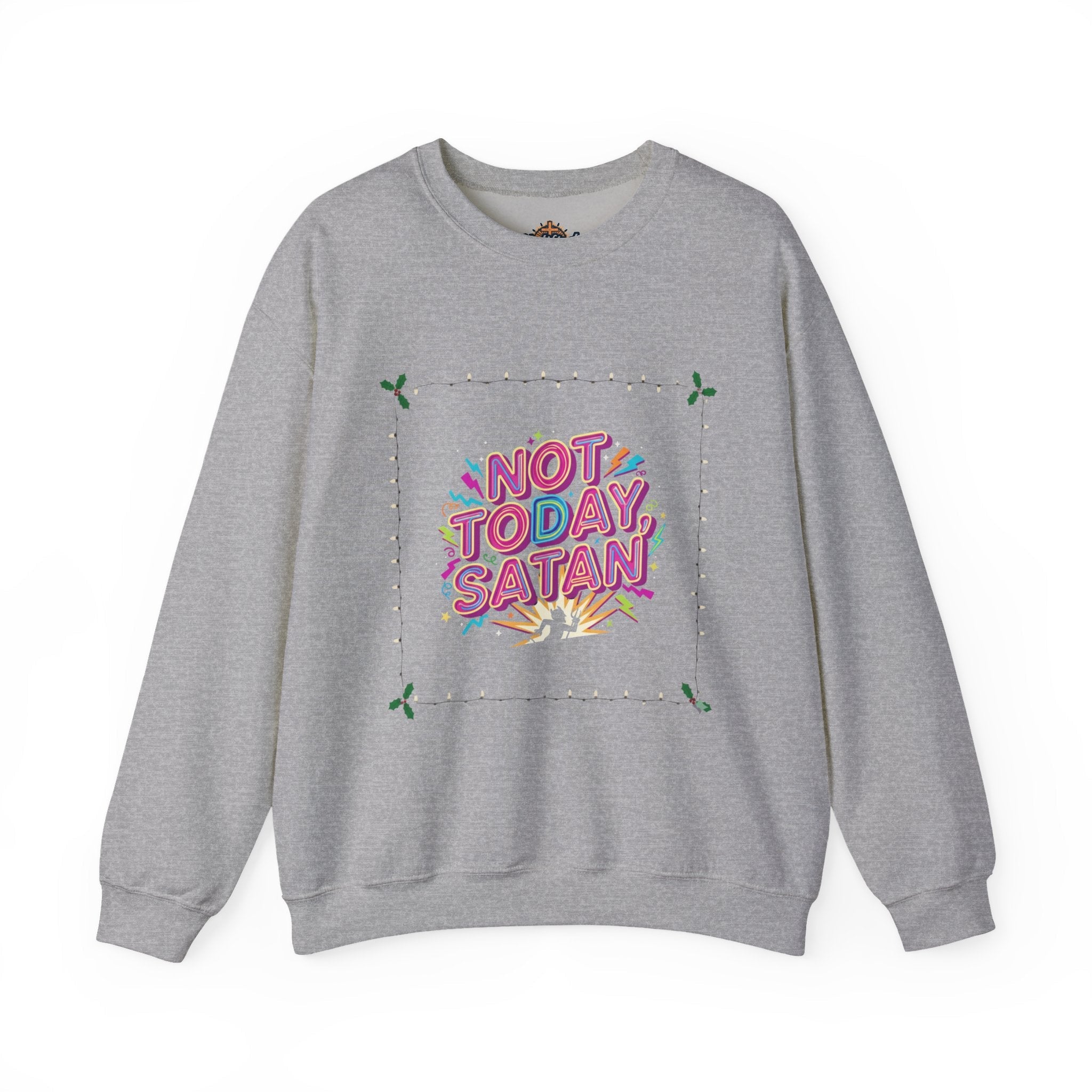 🔥 Not Today, Satan – Retro 90s Christian Sweatshirt | Neon Faith Tee | Funky Cartoon Devil | Bold Bible Verse Shirt | Uplifted Gear Printify