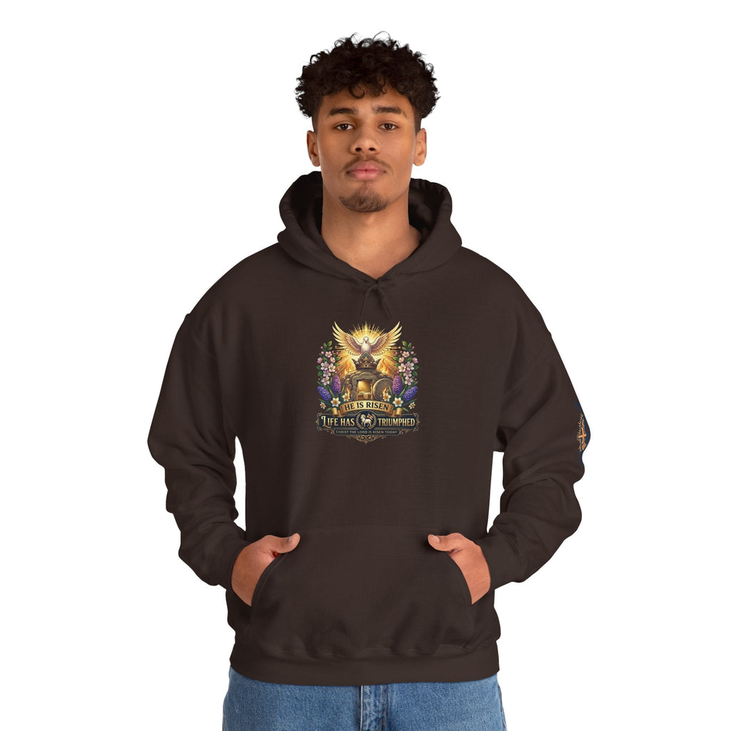 He Is Risen "Life Has Triumphed" Hoodie — Easter Resurrection Christian Hoodie Printify