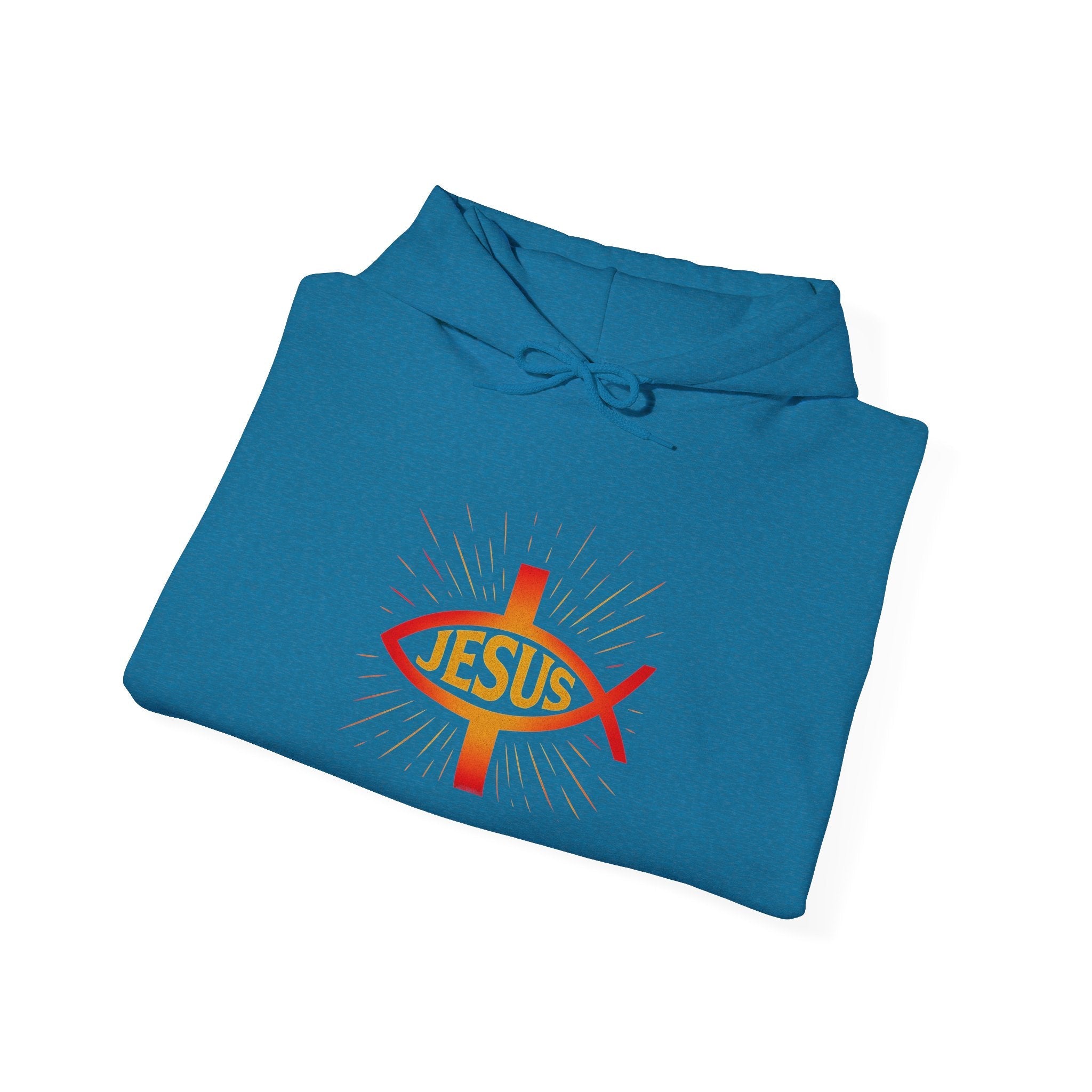 Jesus Ichthys Hoodie – Christian Fish Symbol with Cross & Jesus Inscription Sweatshirt for Eternal Faith & Streetwear Printify