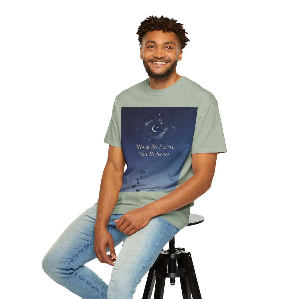 Walk by Faith, Not by Sight T-Shirt – Footprints in the Sand Christian Moonlit Tee Printify