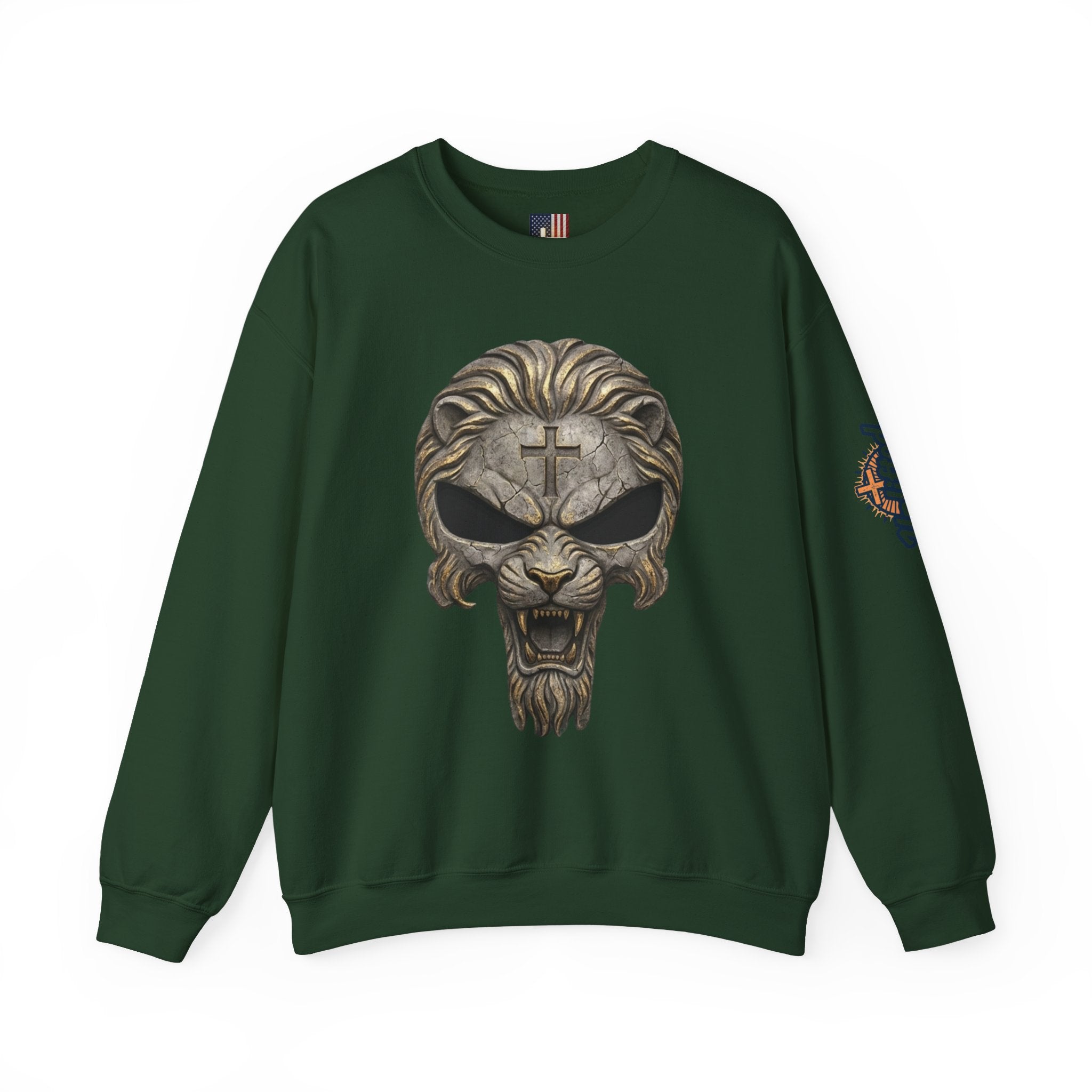 Lion of Judah Skull Christian Sweatshirt - Warrior Faith Cross Sweatshirt Printify