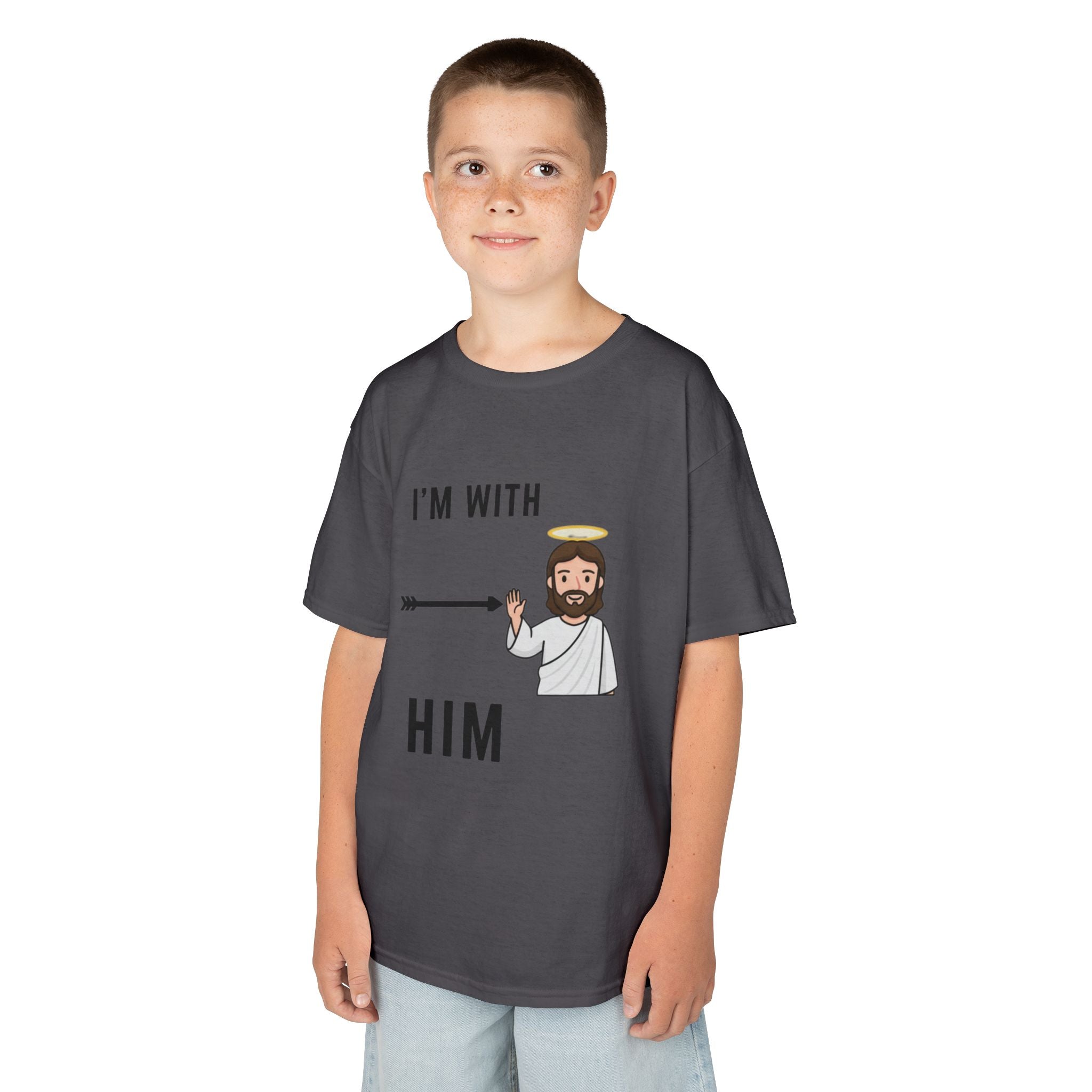 🔥 I’m With Him → Christian Kids T-Shirt | Arrow Pointing to Jesus | Minimalist Faith Tee | Subtle Cross Design | Bible-Inspired Apparel by Uplifted Gear Printify