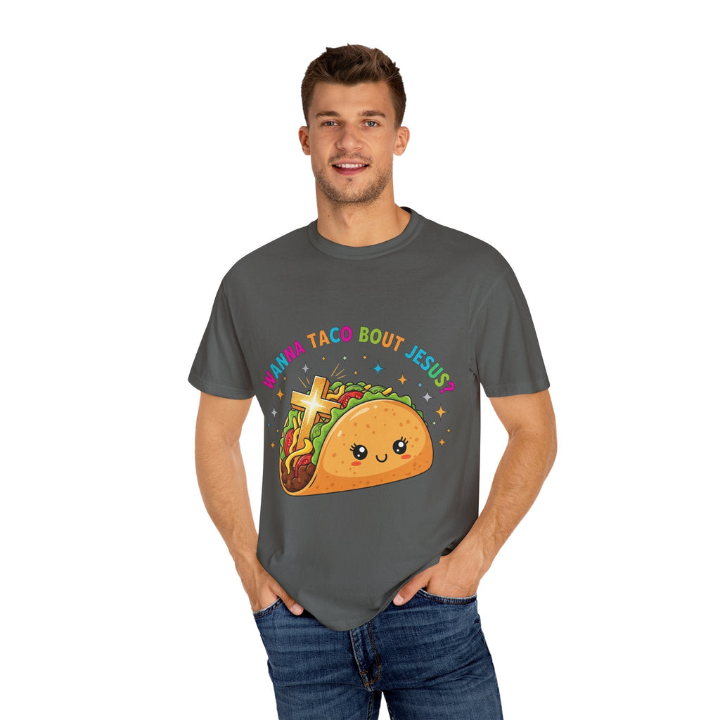 Wanna Taco 'Bout Jesus? Funny Christian Pun T-Shirt – Lettuce Pray & Share Faith! Printify