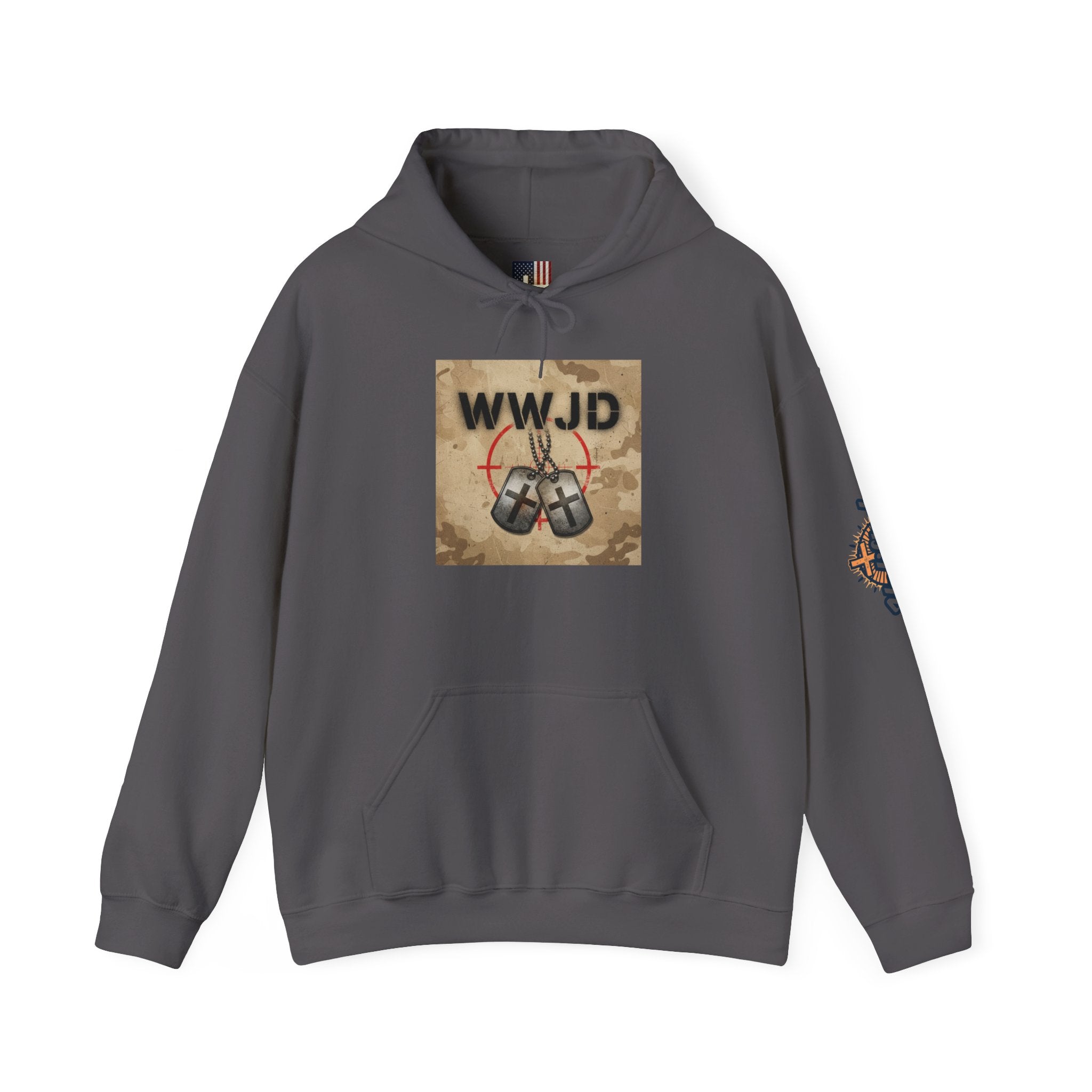 WWJD Hoodie – Military Dog Tags What Would Jesus Do Camo Christian Sweatshirt for Bold Faith & Streetwear Printify