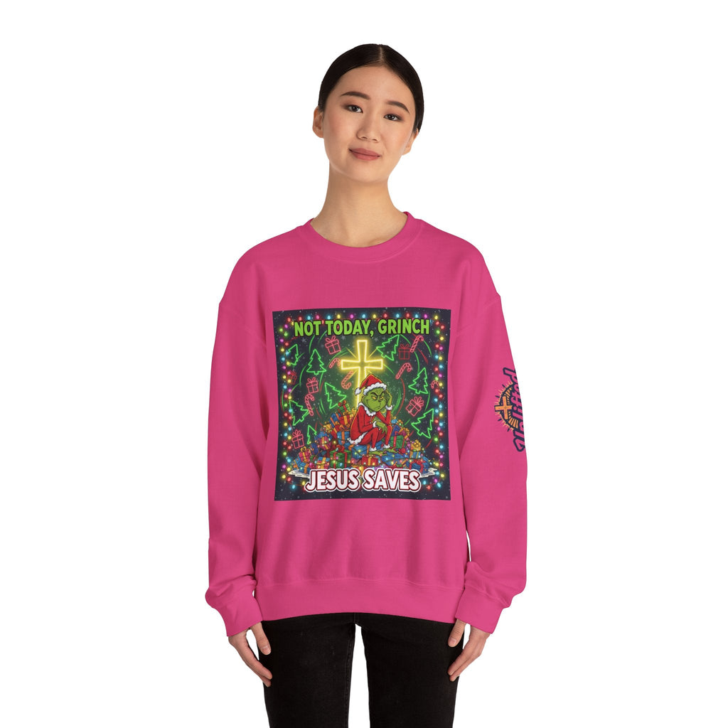 🎄 Not Today, Grinch – Jesus Saves | Funny Christian Christmas Sweatshirt | Festive Green & Red Cartoon Style | Bold Faith Holiday Tee by Uplifted Gear Printify