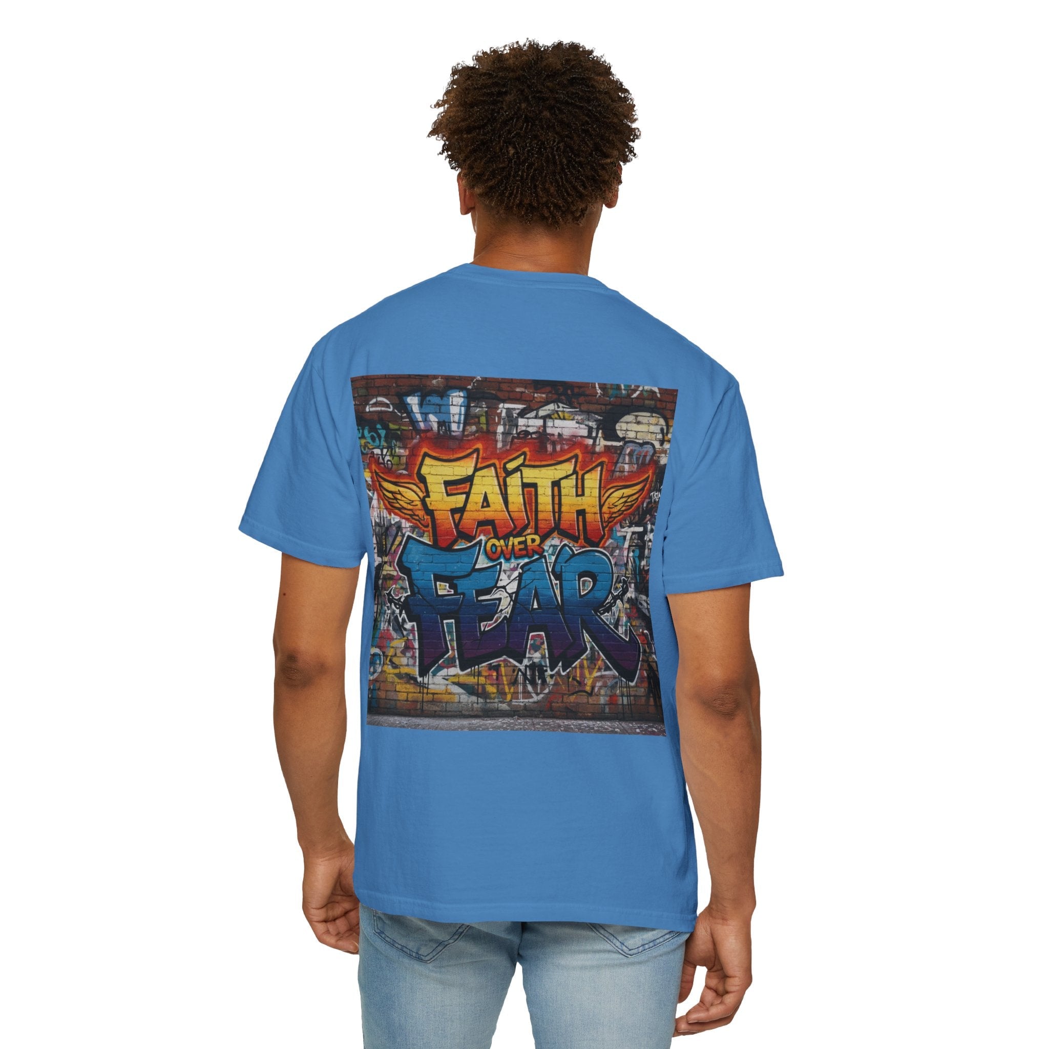 Faith Over Fear T-shirt – Graffiti Wall Christian T-shirt for Bold 2 Corinthians 5:7 Streetwear & Unshakable Faith Printify