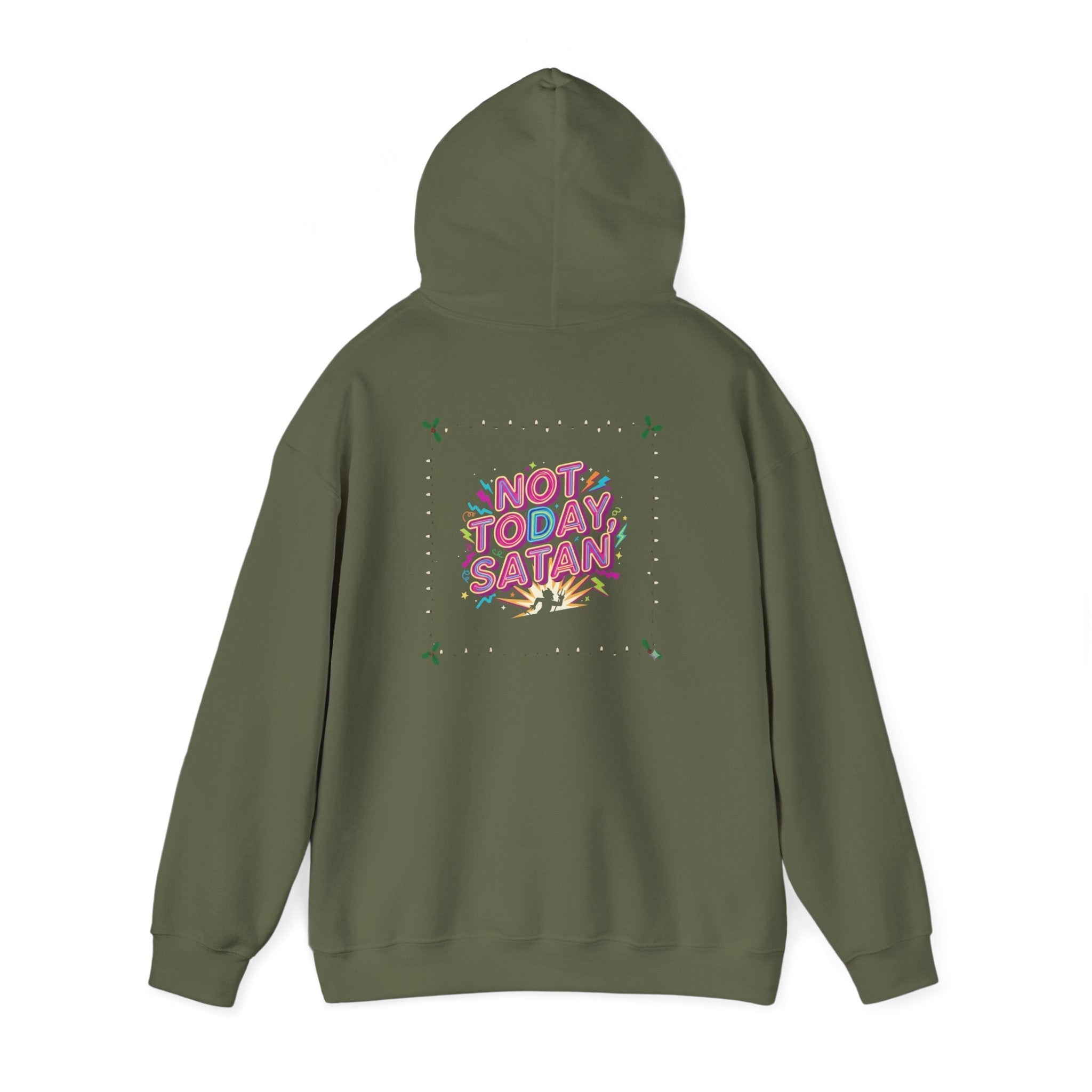 🔥 Not Today, Satan – Retro 90s Christian Hoodie | Neon Faith Tee | Funky Cartoon Devil | Bold Bible Verse Shirt | Uplifted Gear Printify
