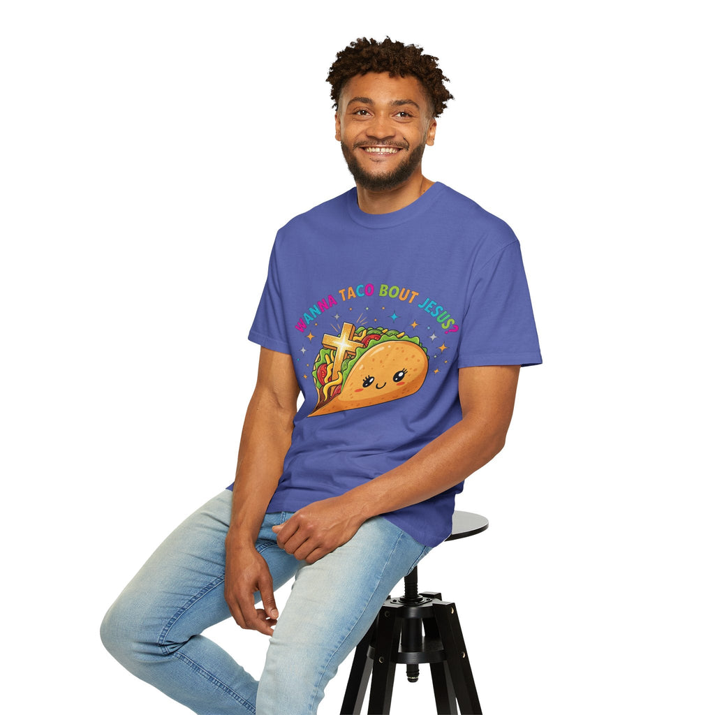 Wanna Taco 'Bout Jesus? Funny Christian Pun T-Shirt – Lettuce Pray & Share Faith! Printify