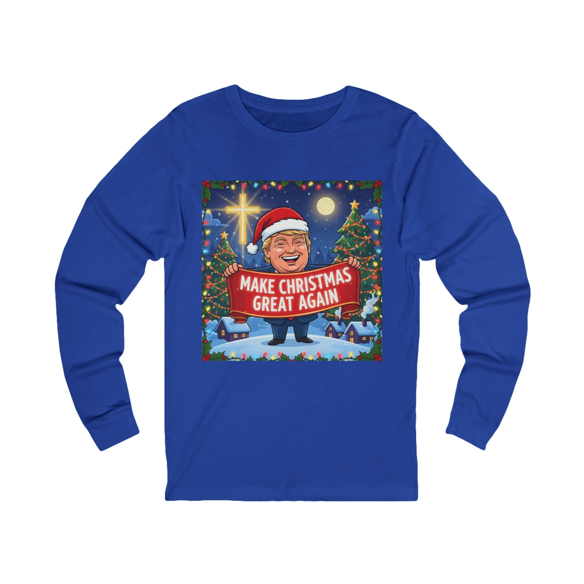 🎄 Make Christmas Great Again – Patriotic Christian Christmas Long Sleeve Shirt | Bold Holiday Faith Tee | Red & White Banner Design | Uplifted Gear Printify