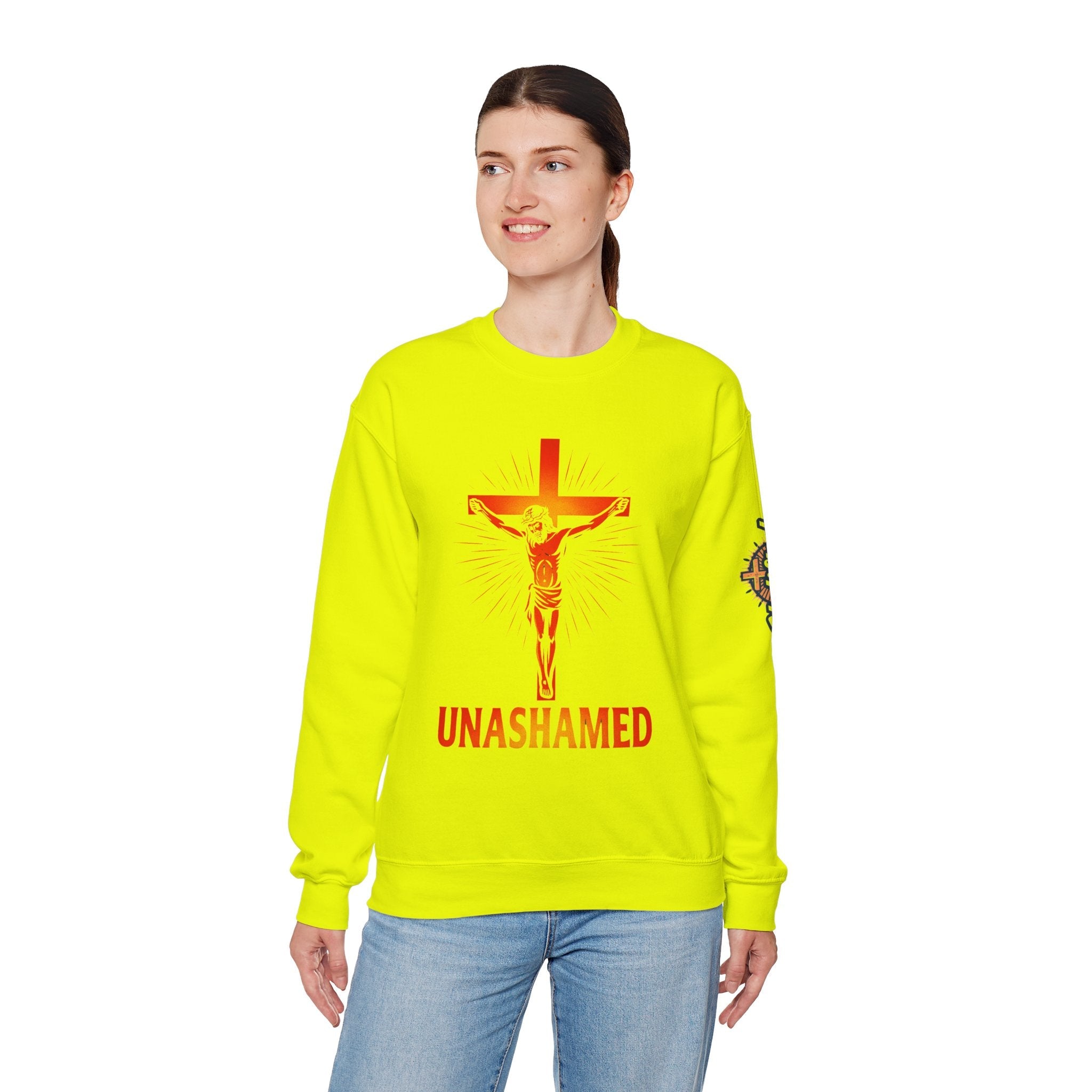 Unashamed Sweatshirt – Romans 1:16 Crucifixion Christian Sweatshirt for Bold Unwavering Faith Printify