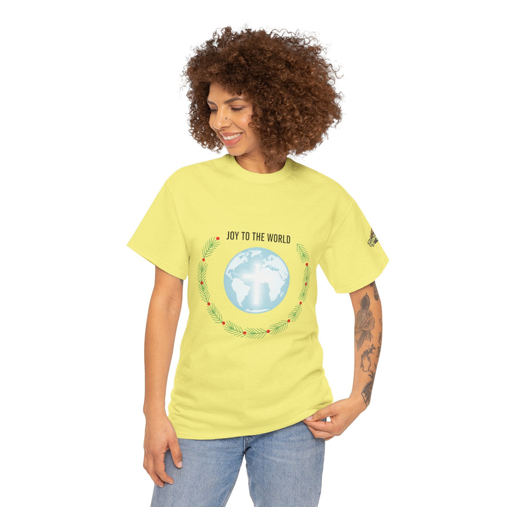 Joy to the World T-shirt – Wreath Earth Nativity Christian Christmas T-shirt for Isaiah 9:6 Holiday Faith & Festive Joy Printify