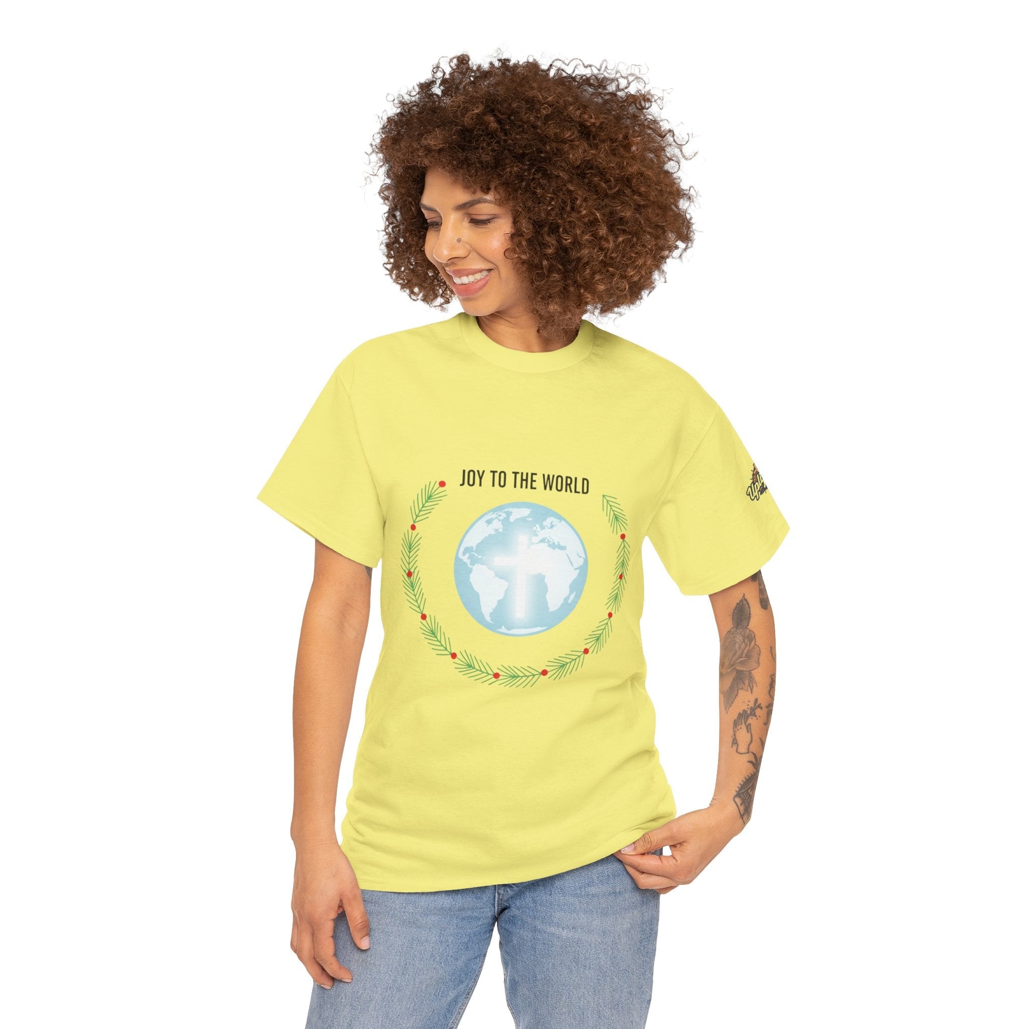 Joy to the World T-shirt – Wreath Earth Nativity Christian Christmas T-shirt for Isaiah 9:6 Holiday Faith & Festive Joy Printify