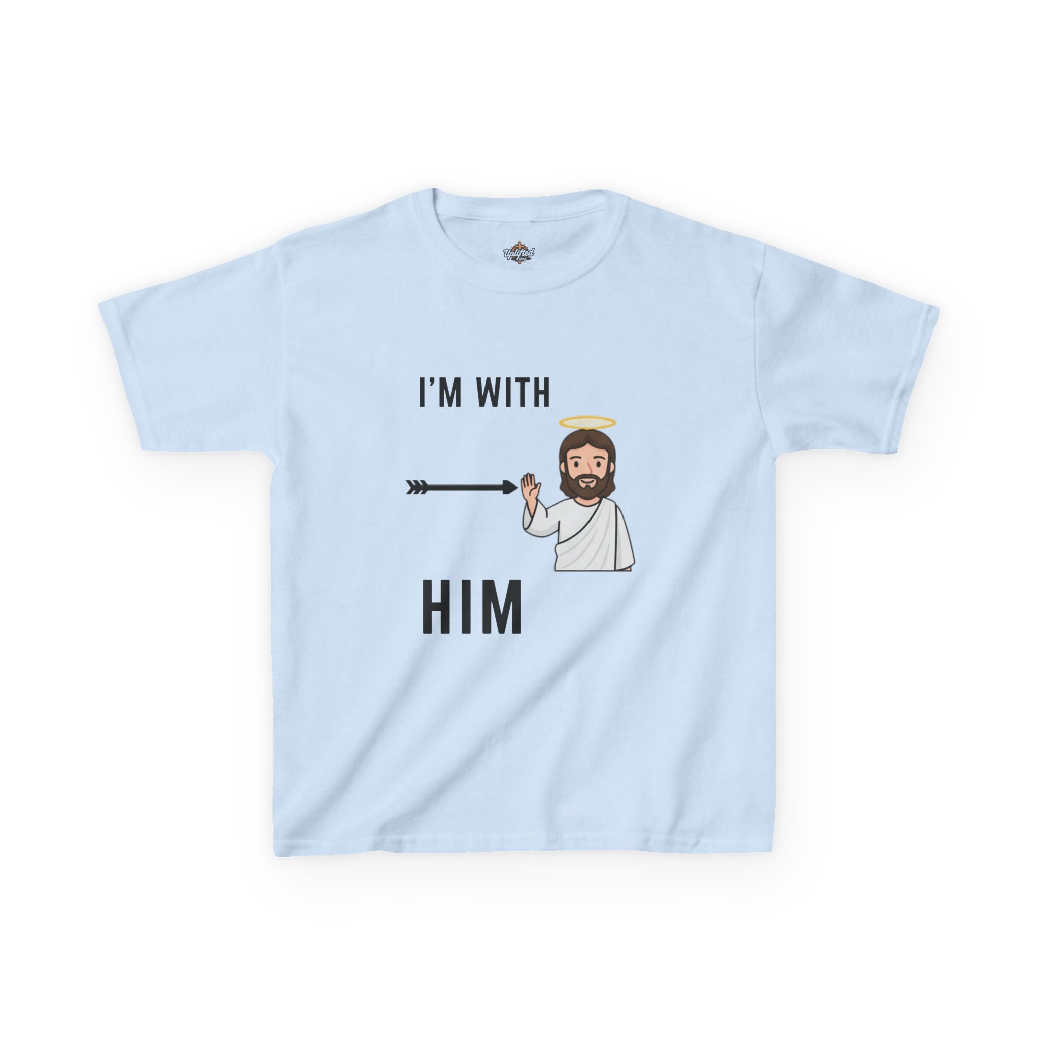 🔥 I’m With Him → Christian Kids T-Shirt | Arrow Pointing to Jesus | Minimalist Faith Tee | Subtle Cross Design | Bible-Inspired Apparel by Uplifted Gear Printify