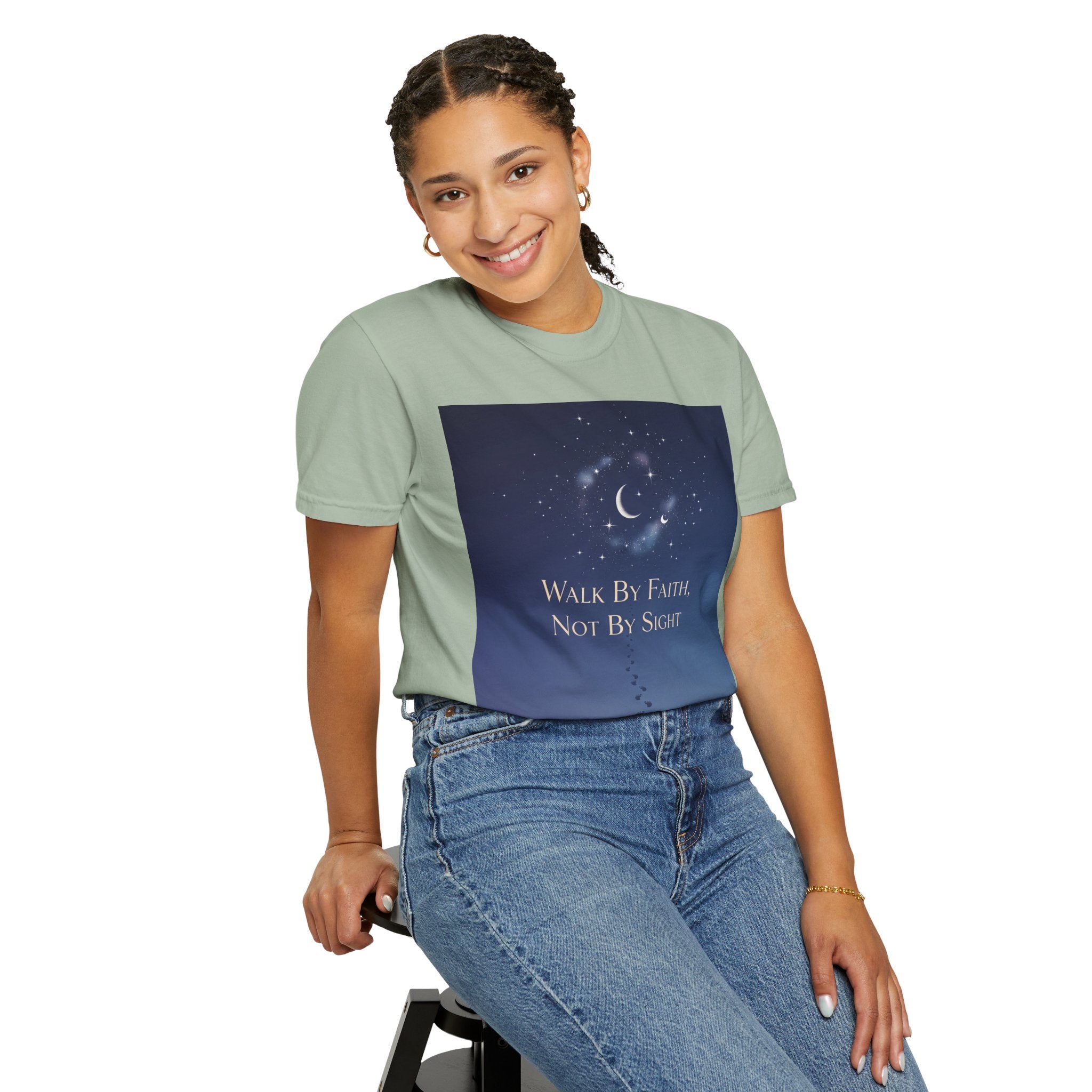 Walk by Faith, Not by Sight T-Shirt – Footprints in the Sand Christian Moonlit Tee Printify