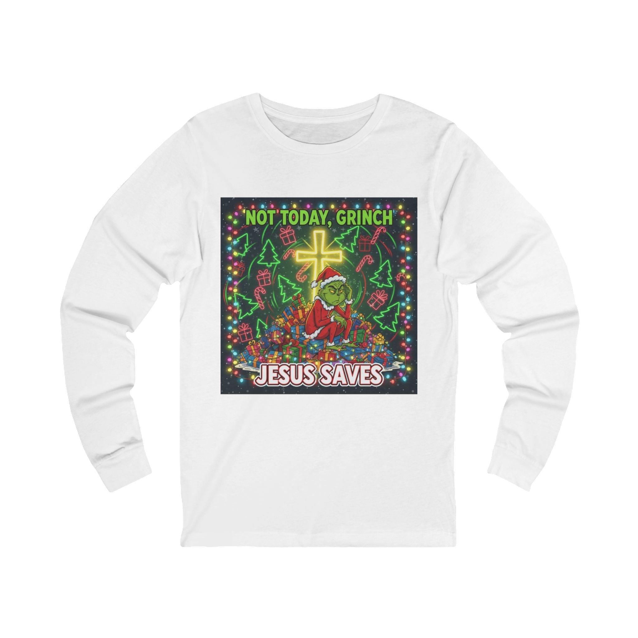 🎄 Not Today, Grinch – Jesus Saves | Funny Christian Christmas Long Sleeve Shirt | Festive Green & Red Cartoon Style | Bold Faith Holiday Tee by Uplifted Gear Printify