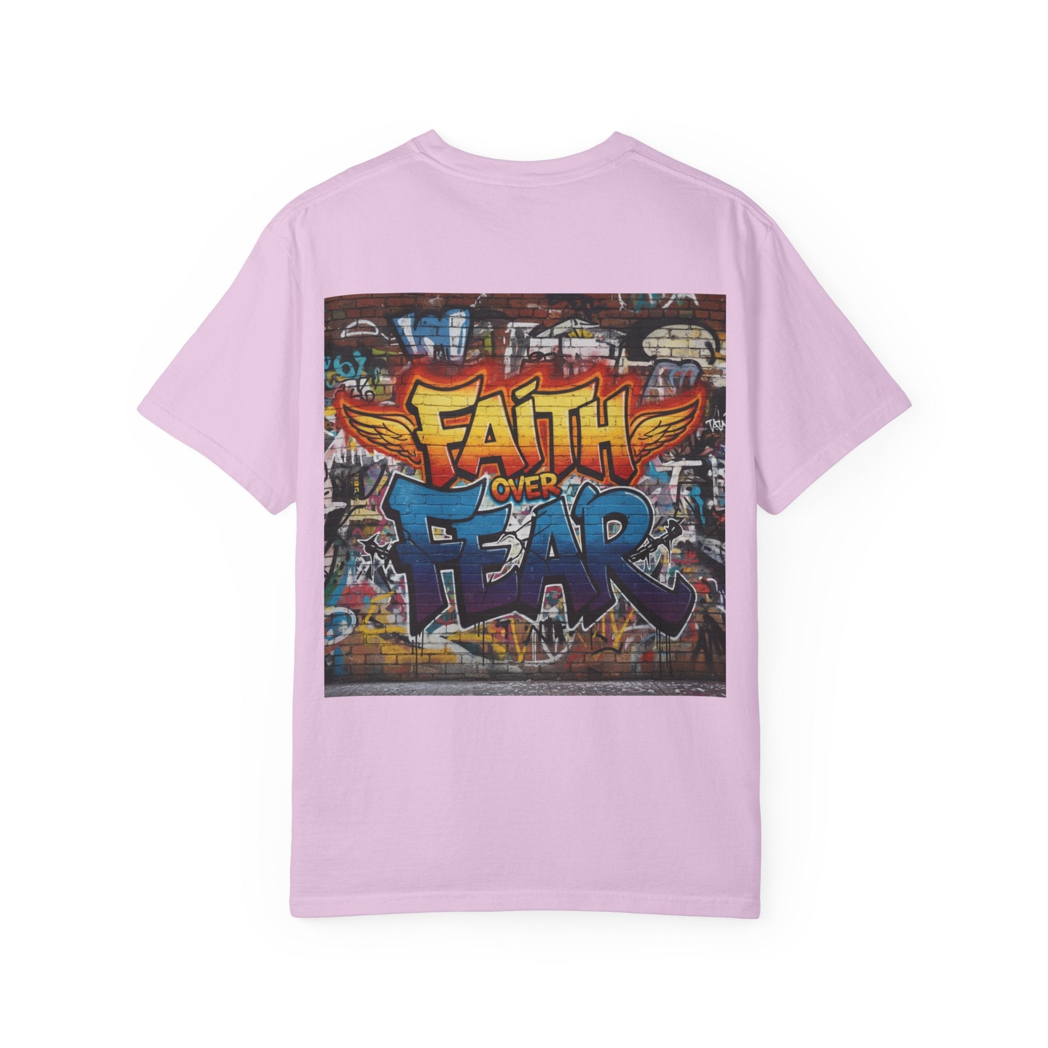 Faith Over Fear T-shirt – Graffiti Wall Christian T-shirt for Bold 2 Corinthians 5:7 Streetwear & Unshakable Faith Printify