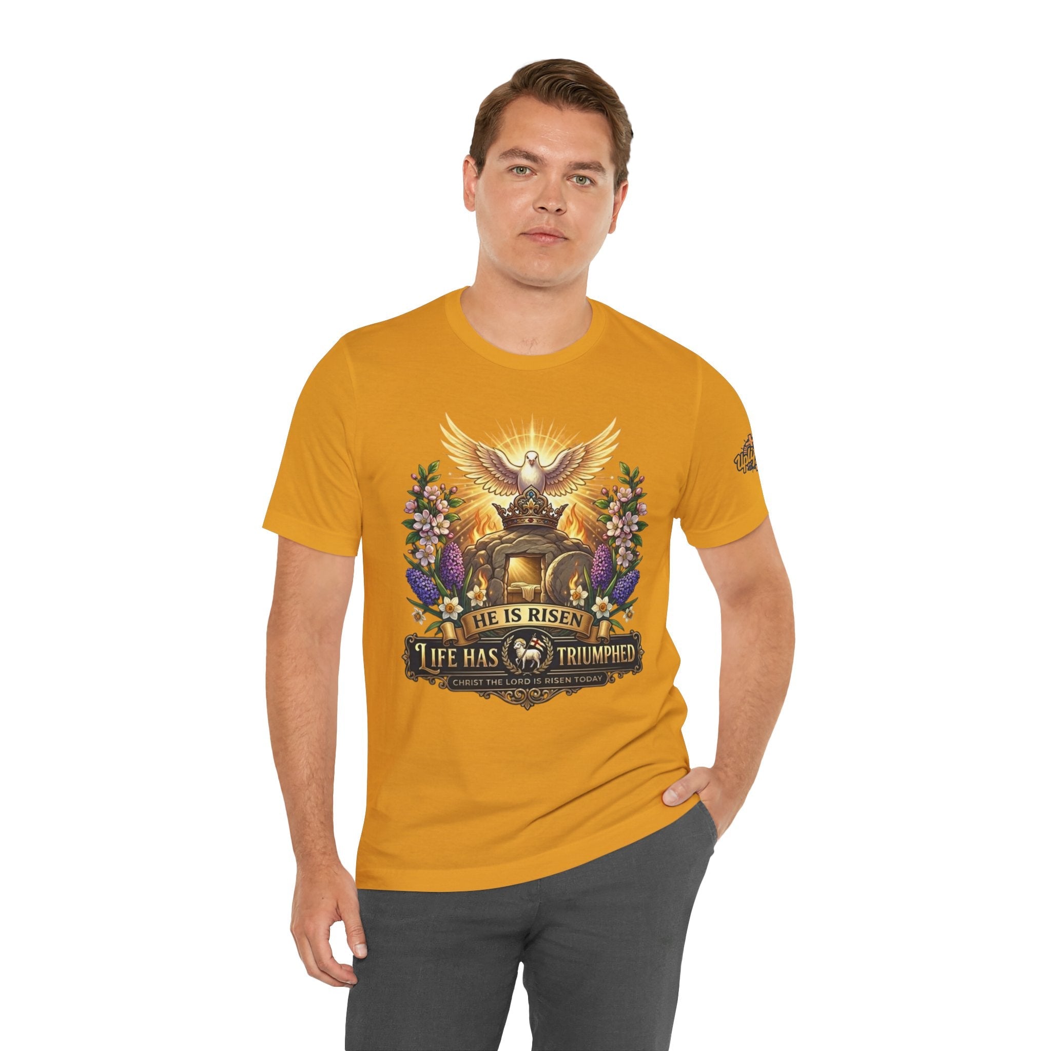 He Is Risen "Life Has Triumphed" T-Shirt — Easter Resurrection Christian Tee Printify