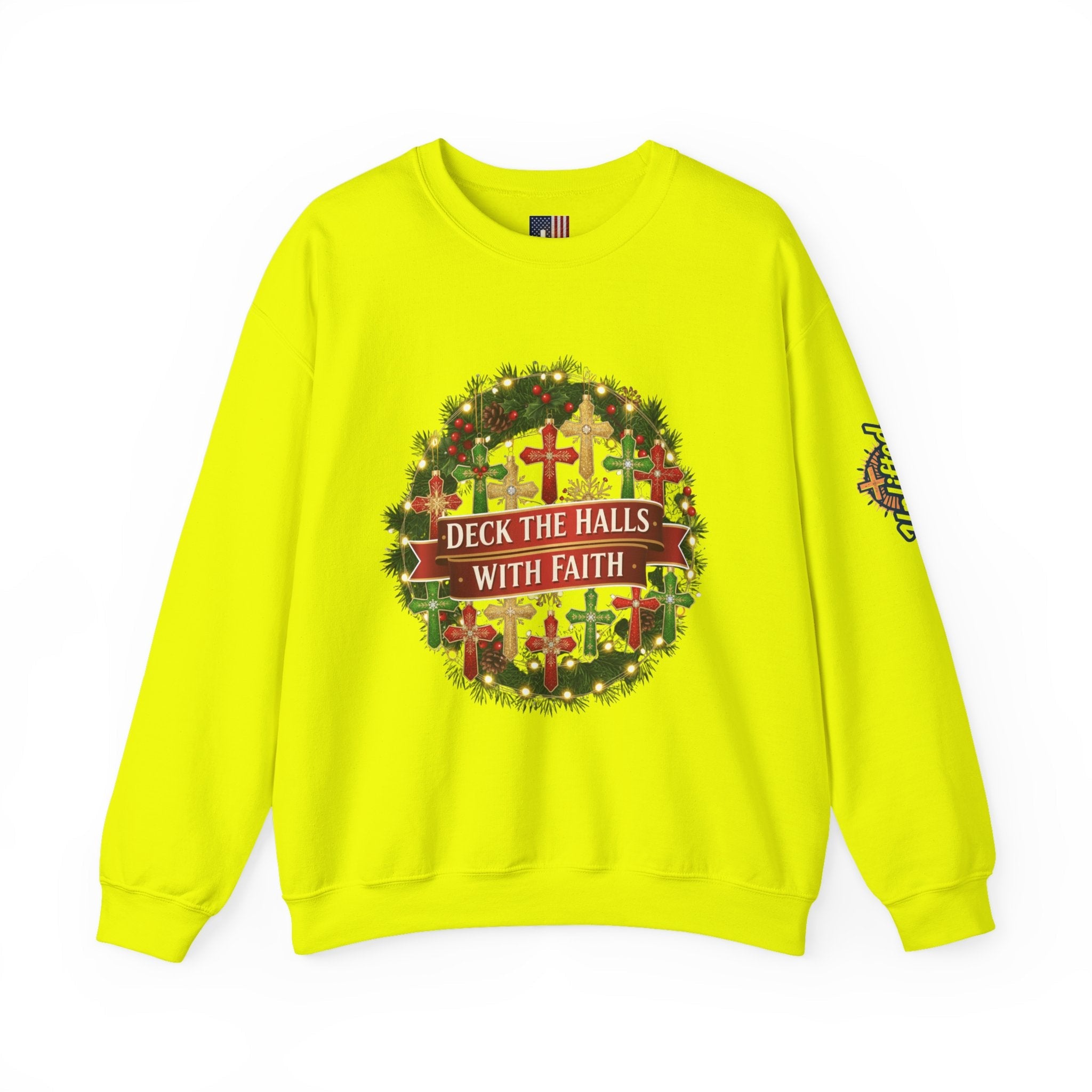 🎄 Deck the Halls with Faith – Christian Christmas Sweatshirt | Cross Ornament Design & Festive Garland | Bold Holiday Faith Tee by Uplifted Gear Printify