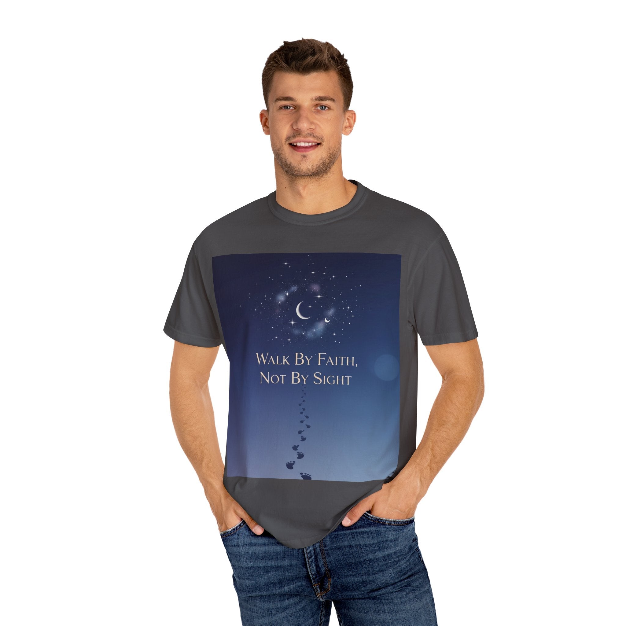 Walk by Faith, Not by Sight T-Shirt – Footprints in the Sand Christian Moonlit Tee Printify