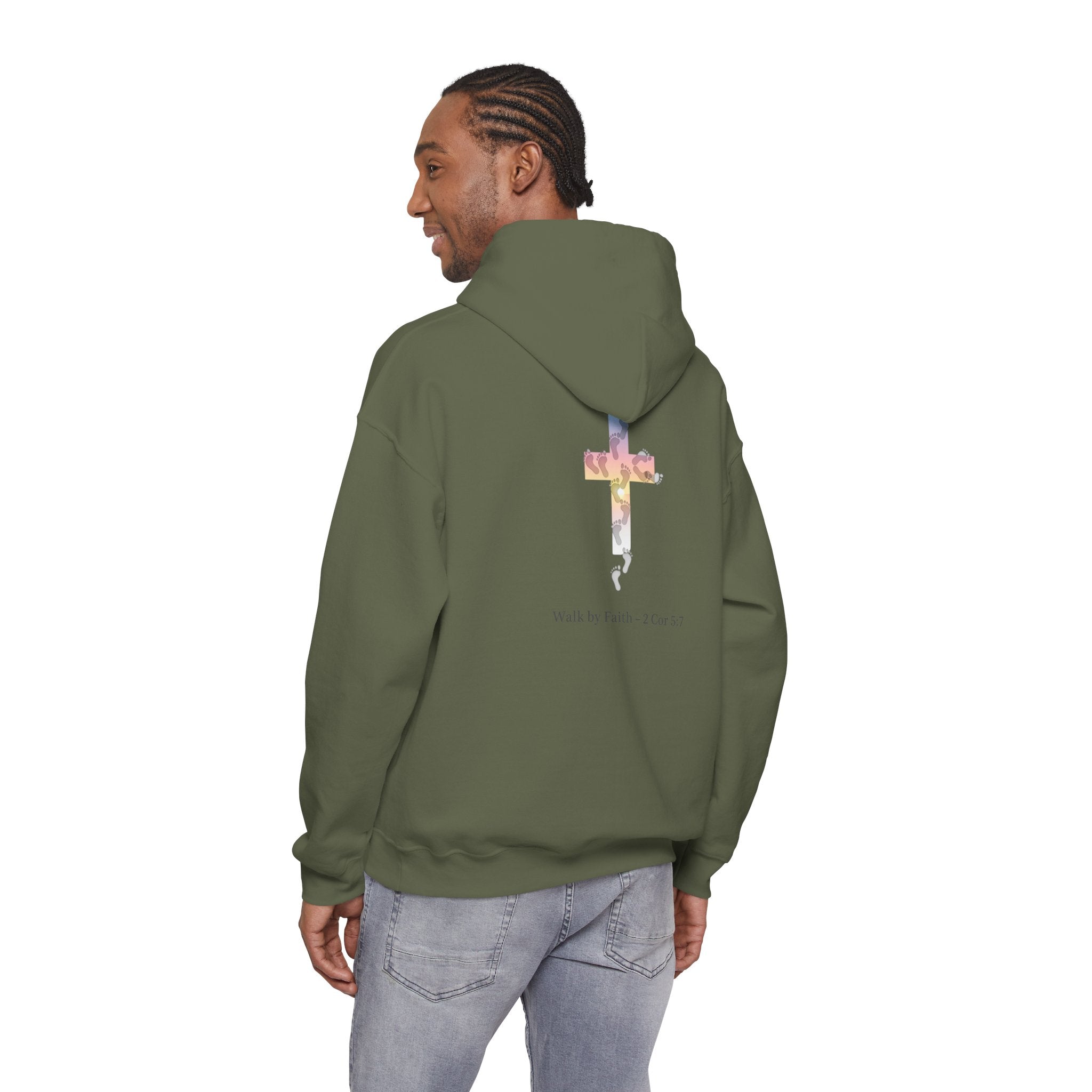 Walk by Faith Hoodie – Cross & Footprints Christian Hoodie for Cozy Inspiration Printify