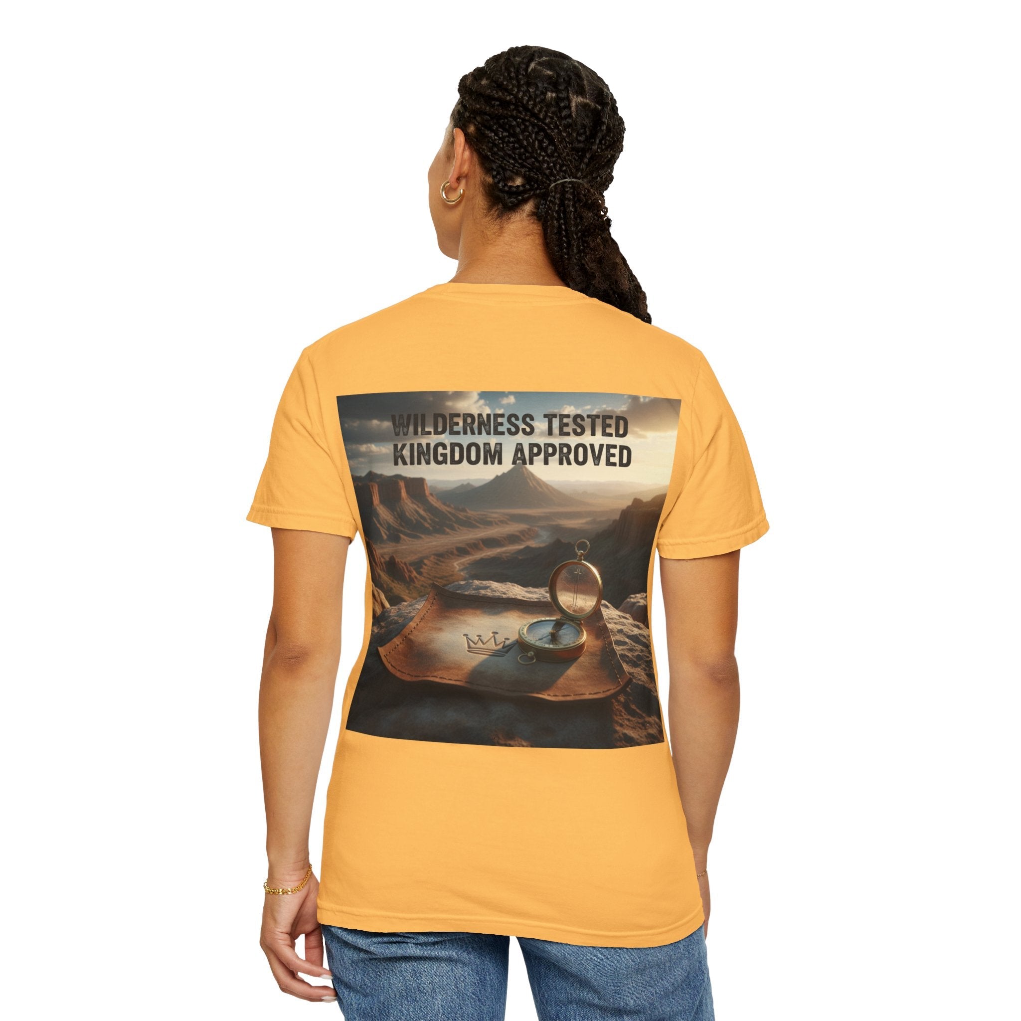 Wilderness Tested Kingdom Approved T-shirt – Mountain Desert Compass Crown Christian T-shirt for Biblical Adventure Faith Printify