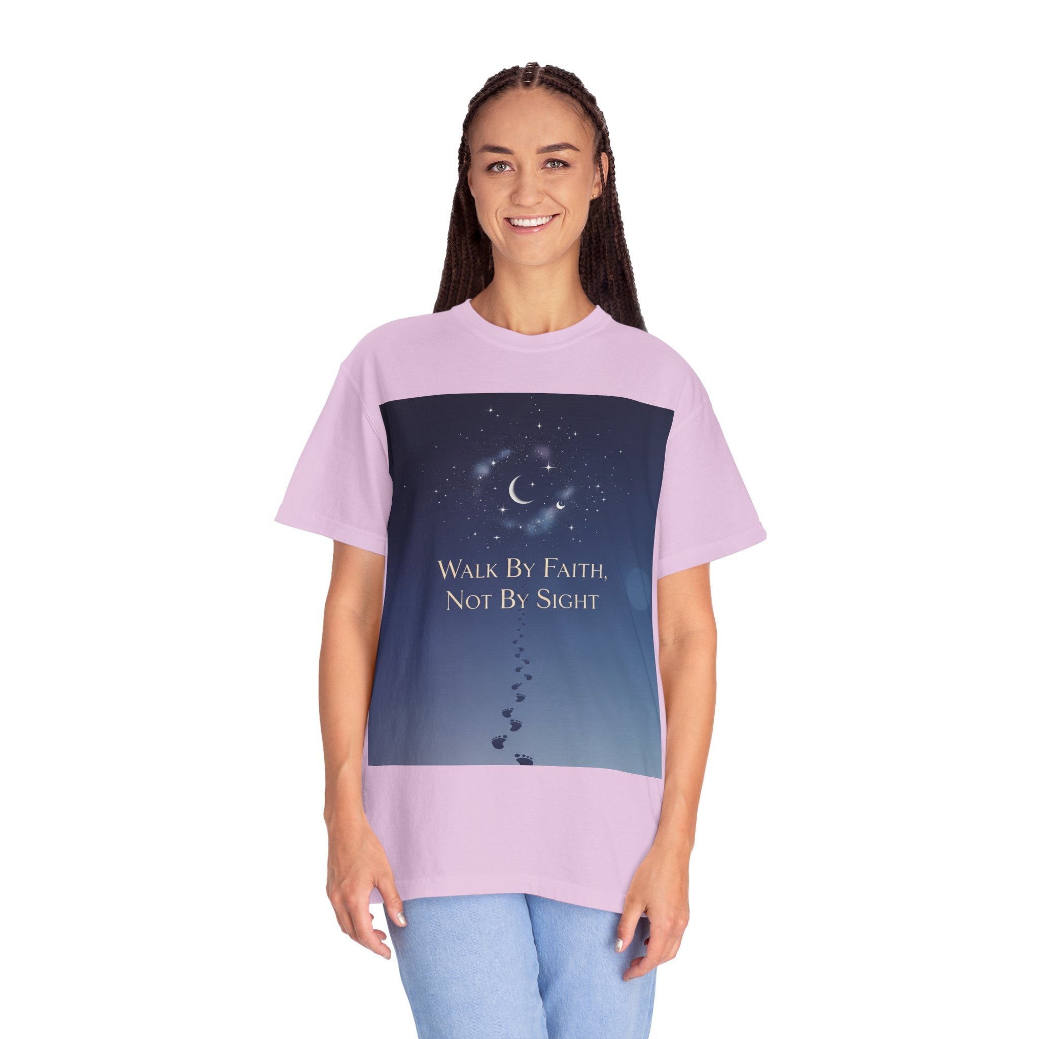 Walk by Faith, Not by Sight T-Shirt – Footprints in the Sand Christian Moonlit Tee Printify