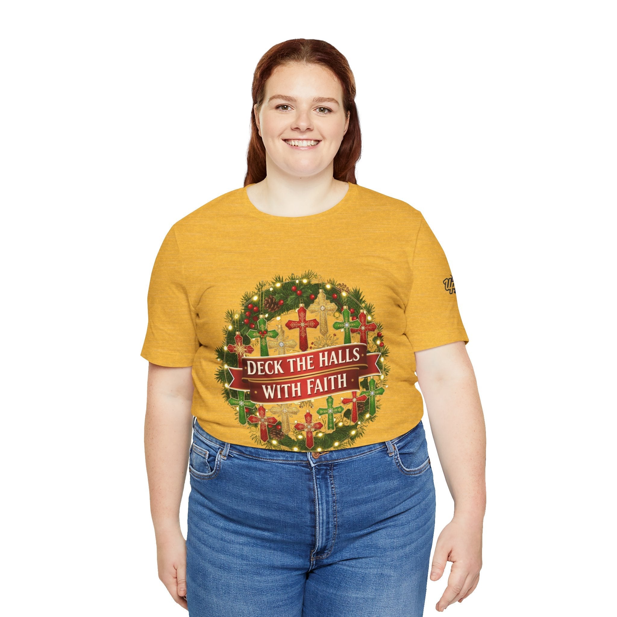 🎄 Deck the Halls with Faith – Christian Christmas T-Shirt | Cross Ornament Design & Festive Garland | Bold Holiday Faith Tee by Uplifted Gear Printify