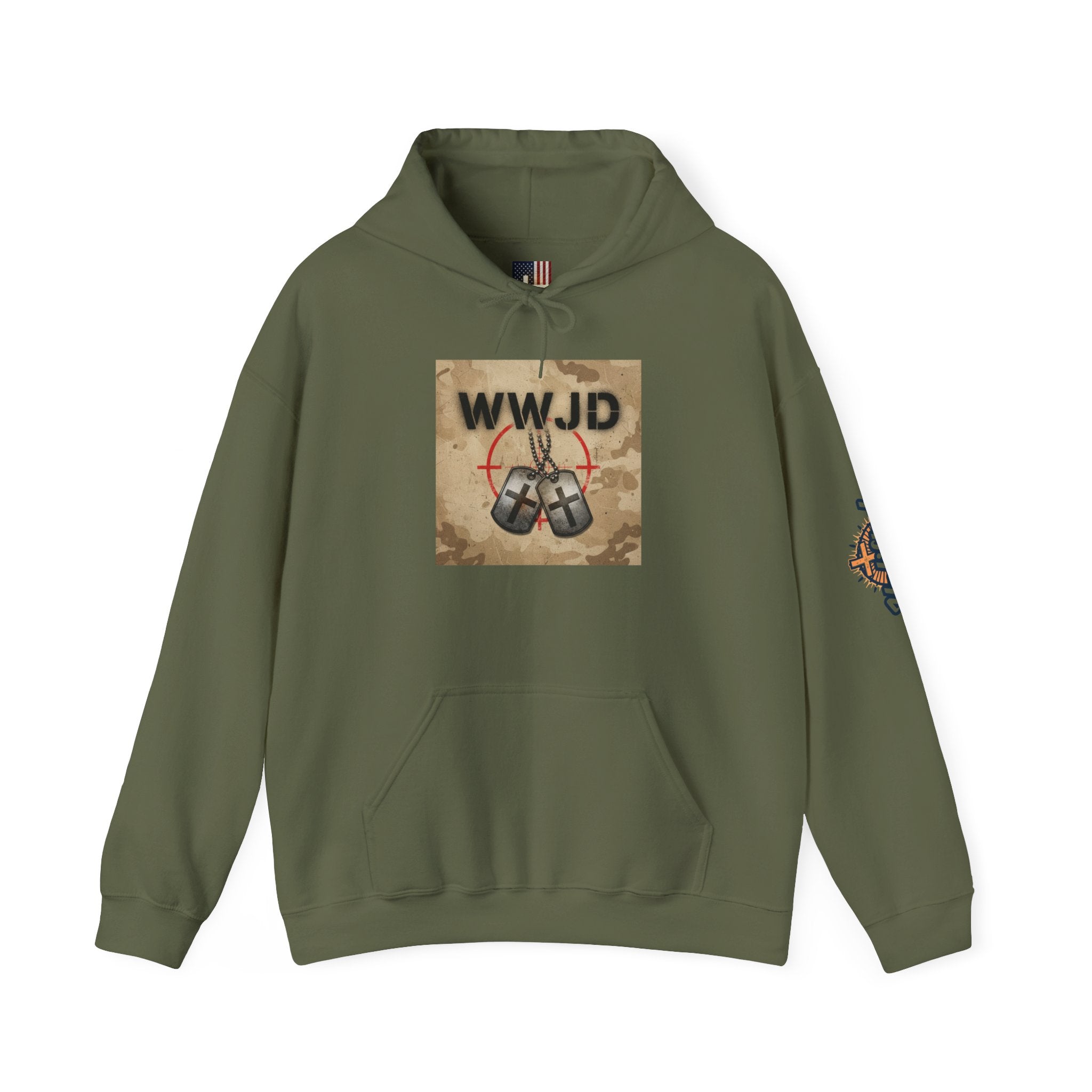 WWJD Hoodie – Military Dog Tags What Would Jesus Do Camo Christian Sweatshirt for Bold Faith & Streetwear Printify