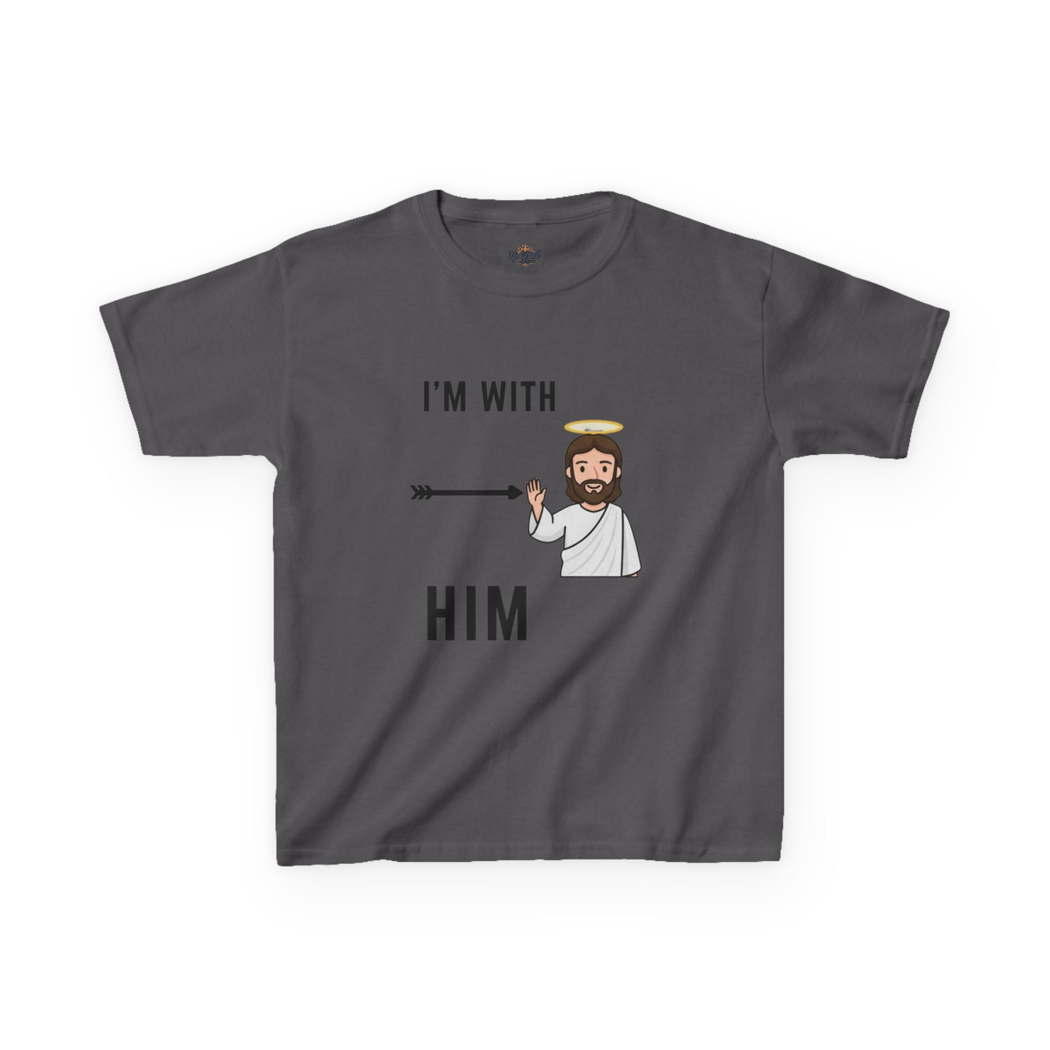 🔥 I’m With Him → Christian Kids T-Shirt | Arrow Pointing to Jesus | Minimalist Faith Tee | Subtle Cross Design | Bible-Inspired Apparel by Uplifted Gear Printify