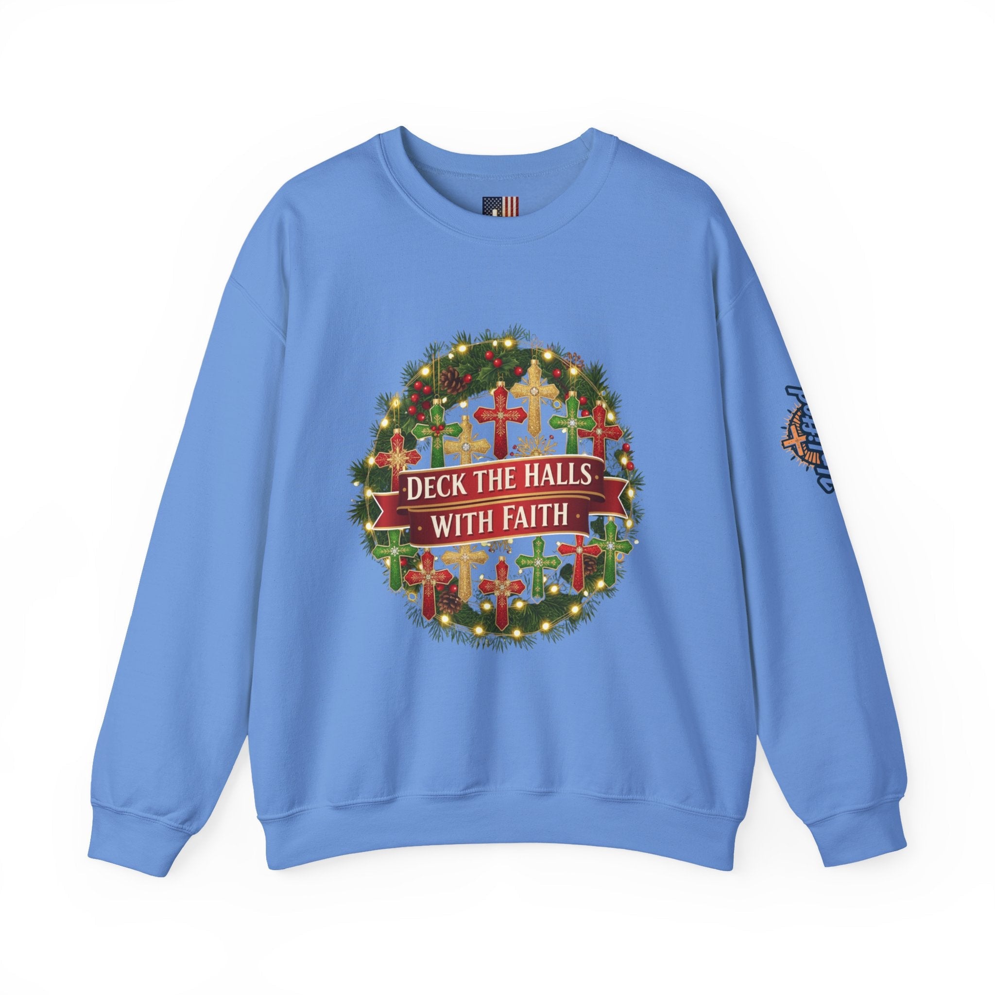 🎄 Deck the Halls with Faith – Christian Christmas Sweatshirt | Cross Ornament Design & Festive Garland | Bold Holiday Faith Tee by Uplifted Gear Printify