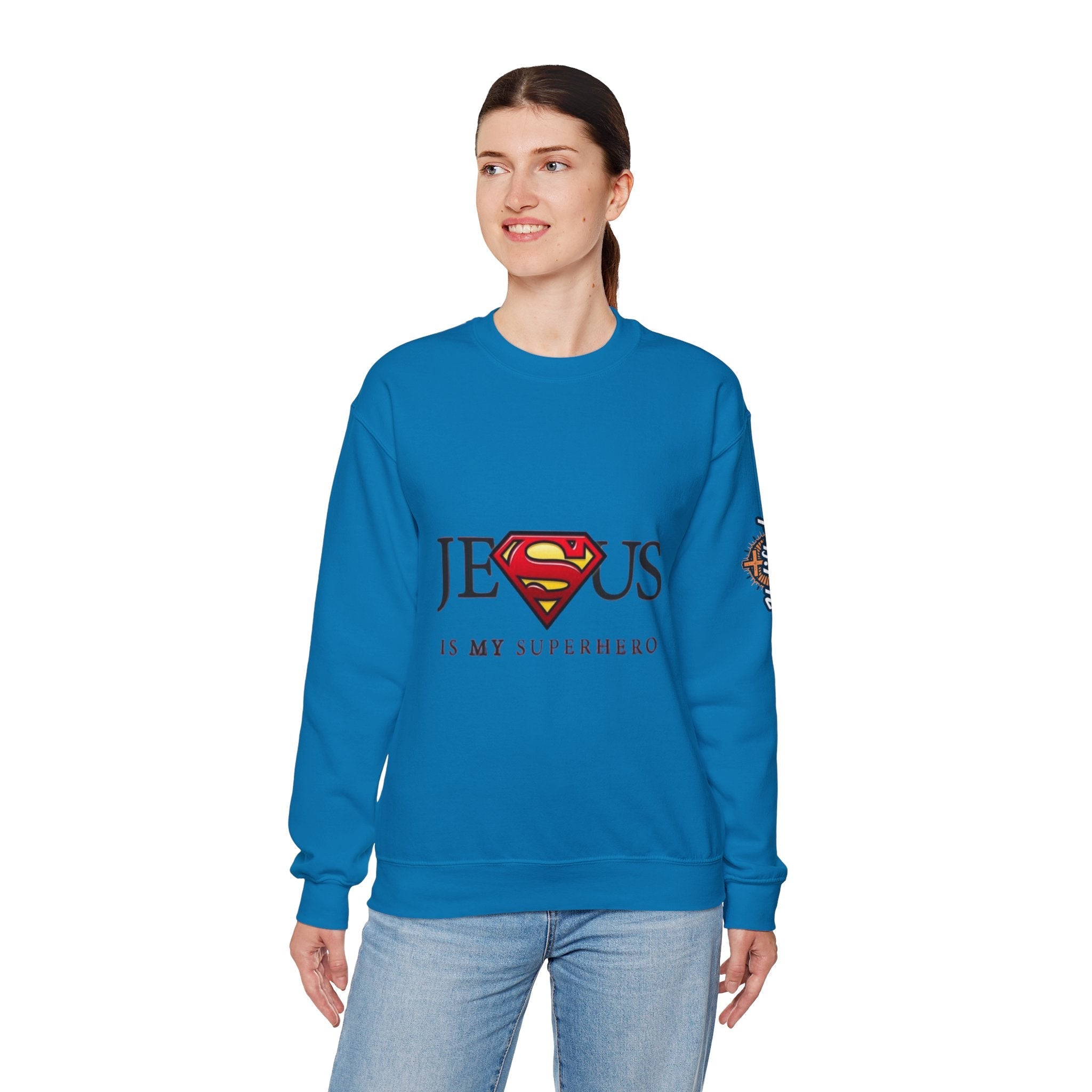 Jesus Is My Superhero Crewneck Sweatshirt Printify