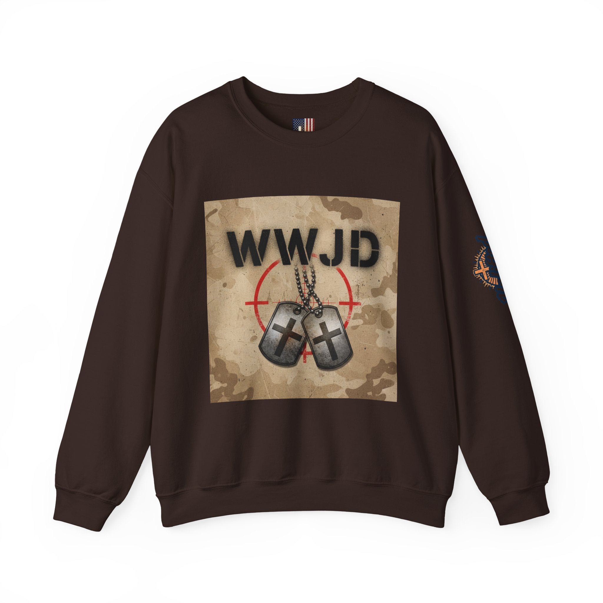 WWJD Sweatshirt – Military Dog Tags What Would Jesus Do Camo Christian Sweatshirt for Bold Faith & Streetwear Printify