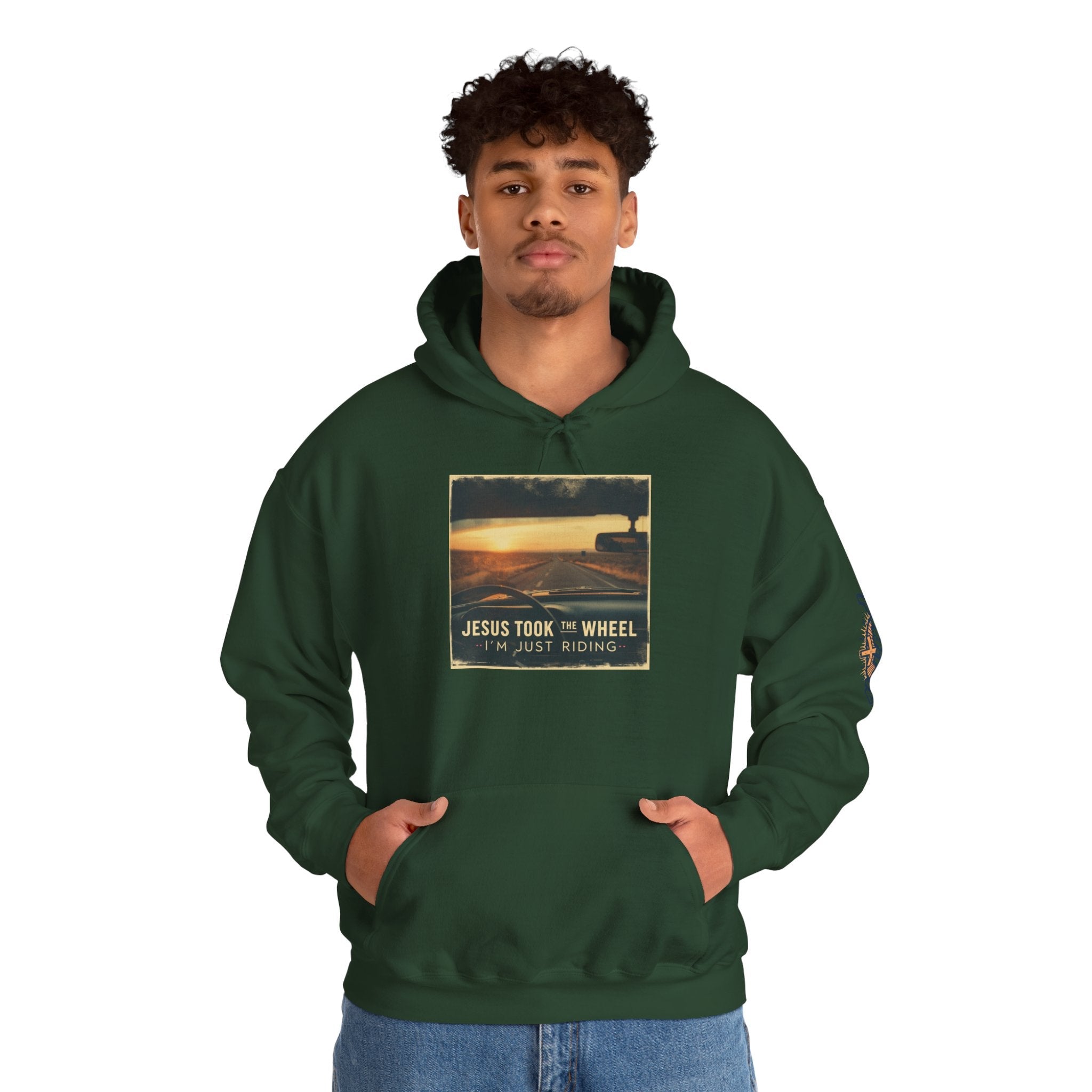 Jesus Took the Wheel I'm Just Riding Hoodie – Funny Christian Convertible Car Sweatshirt for Surrendered Faith & Humor Printify