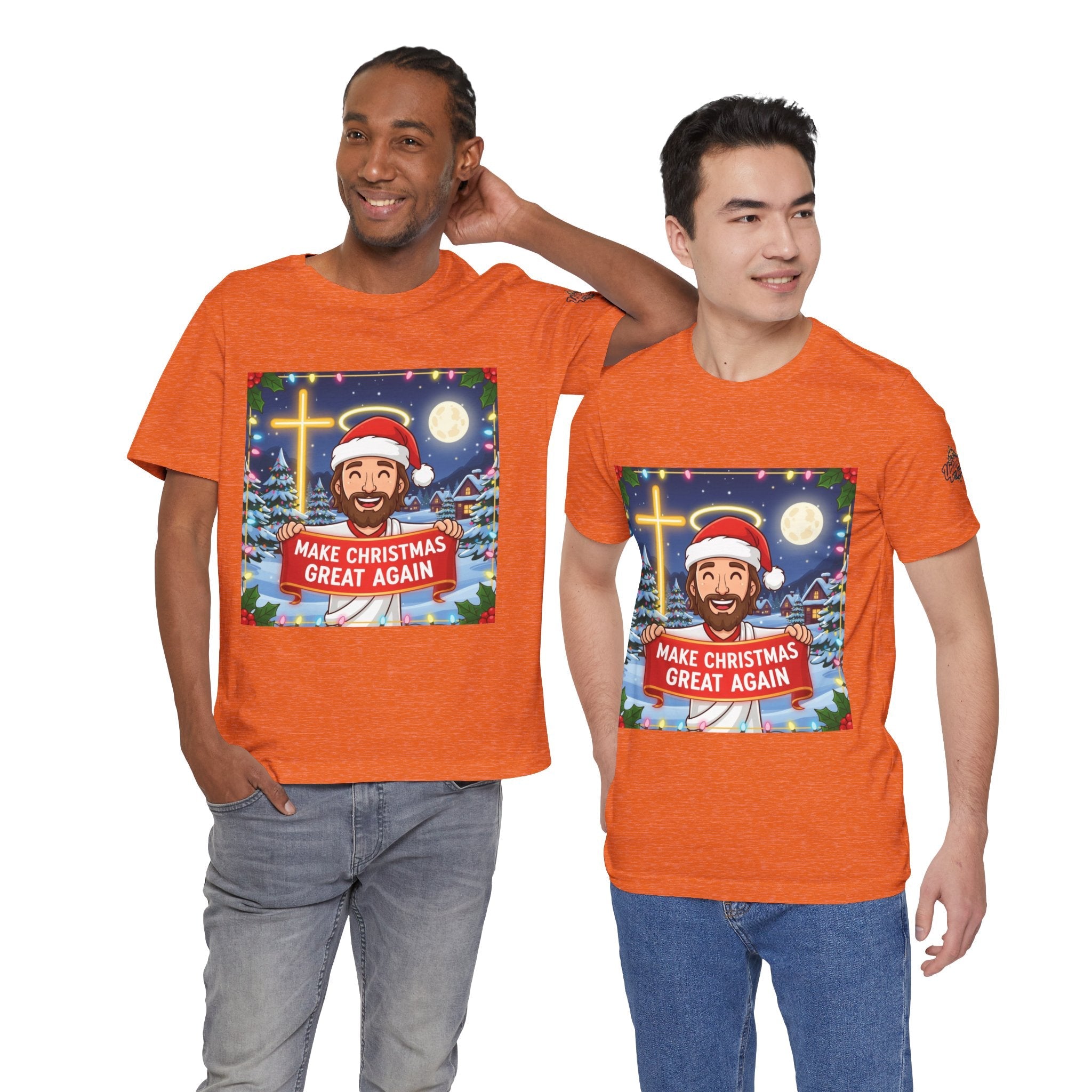 🎄 Make Christmas Great Again – Funny Christian T-Shirt | Jesus Holding Banner | Faith-Based Holiday Parody Tee | Uplifted Gear Printify