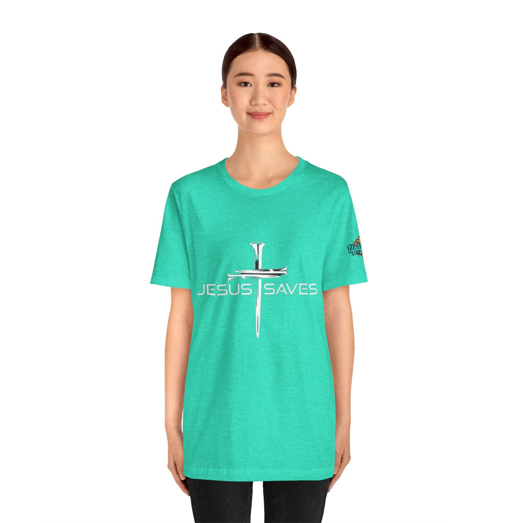 Jesus Saves T-shirt – 3 Nails Crucifix Cross Christian T-shirt for Redemption Faith & Bold Salvation Printify