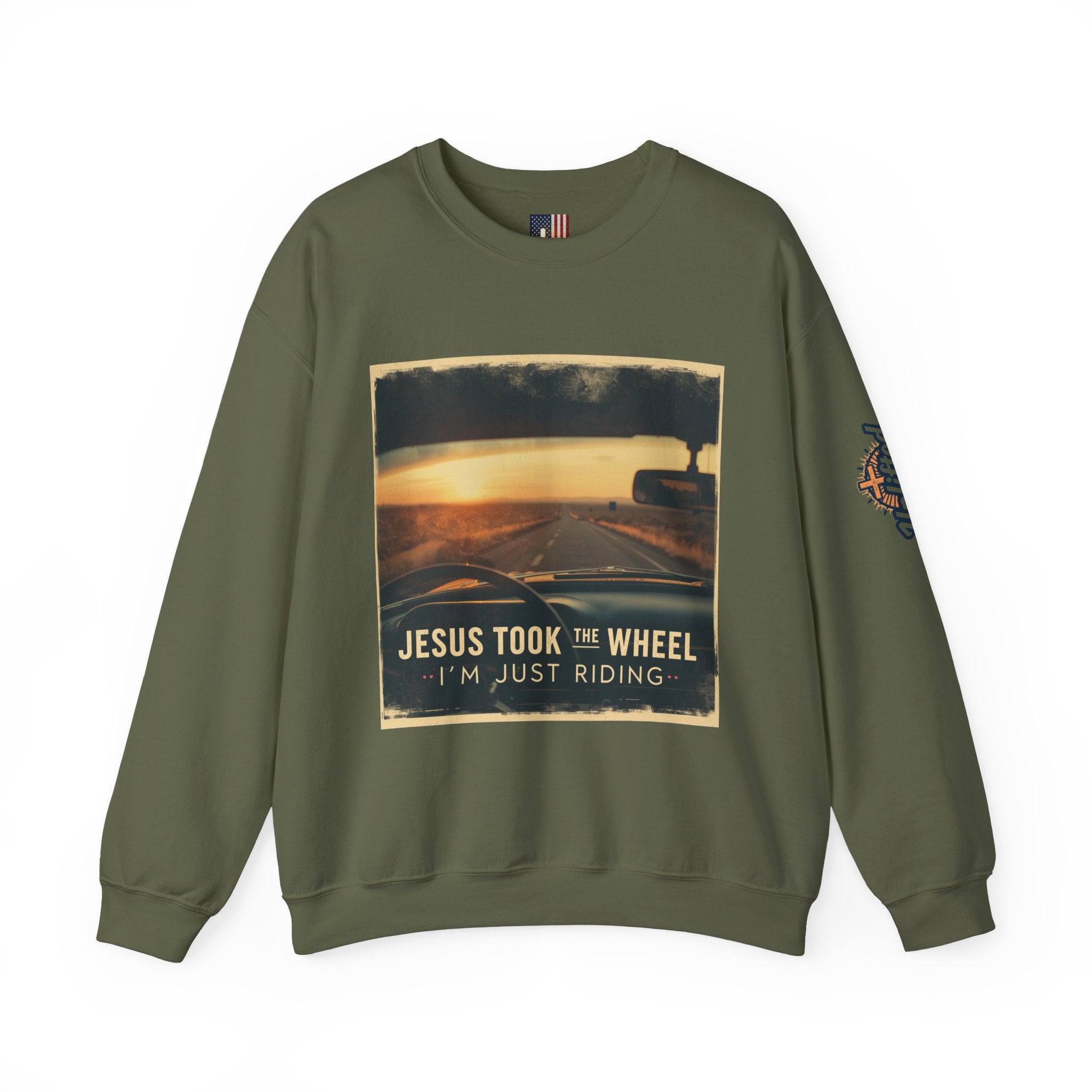Jesus Took the Wheel I'm Just Riding Sweatshirt – Funny Christian Convertible Car Sweatshirt for Surrendered Faith & Humor Printify