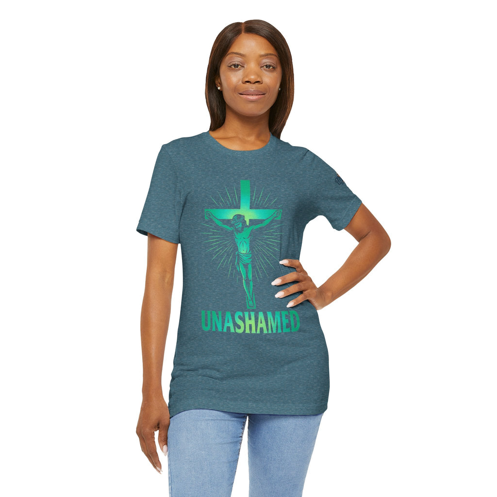 Unashamed T-shirt – Romans 1:16 Crucifixion Christian t-shirt for Bold Unwavering Faith Printify