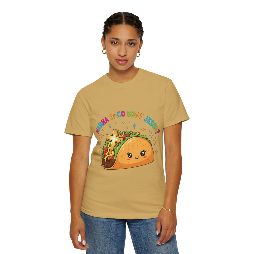 Wanna Taco 'Bout Jesus? Funny Christian Pun T-Shirt – Lettuce Pray & Share Faith! Printify