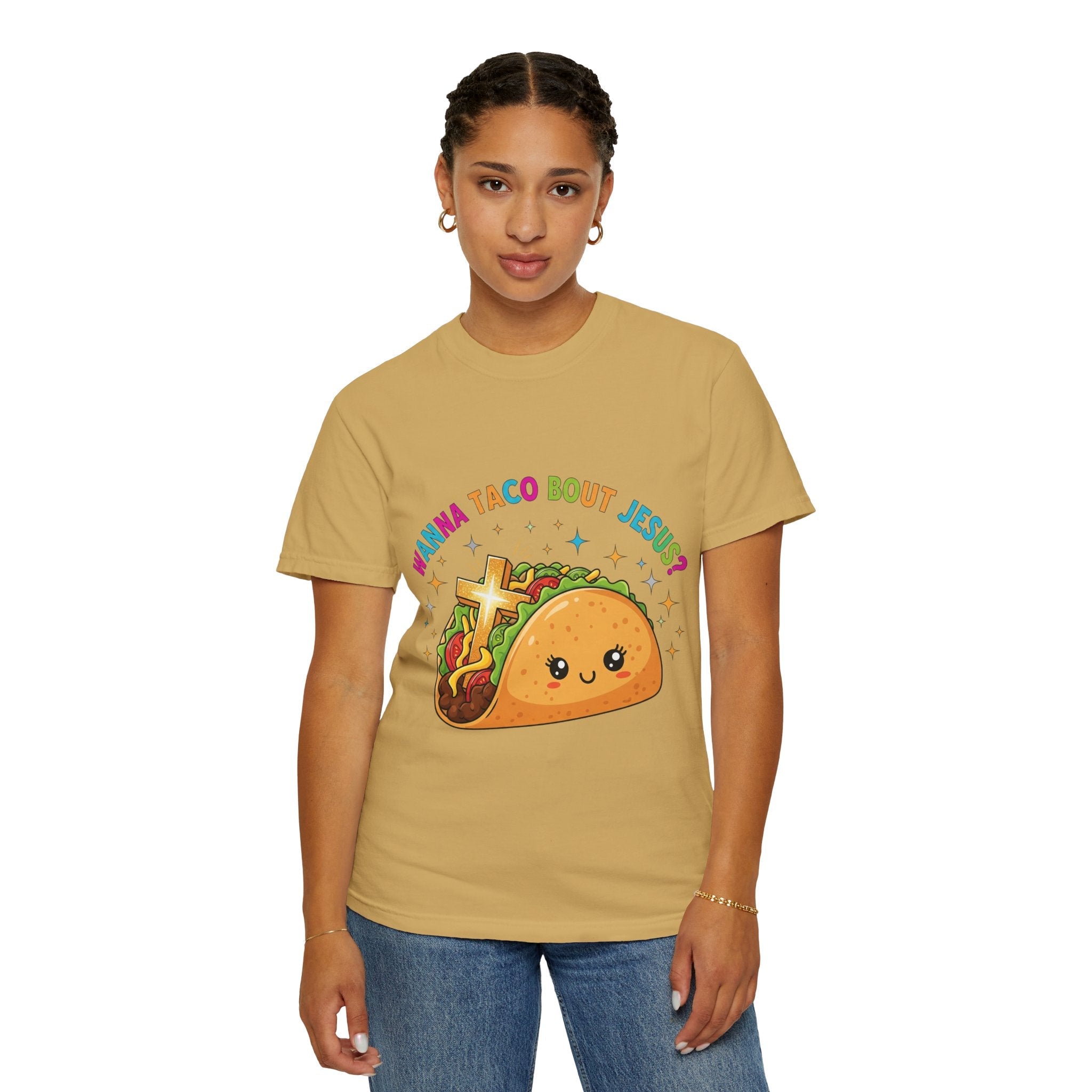Wanna Taco 'Bout Jesus? Funny Christian Pun T-Shirt – Lettuce Pray & Share Faith! Printify