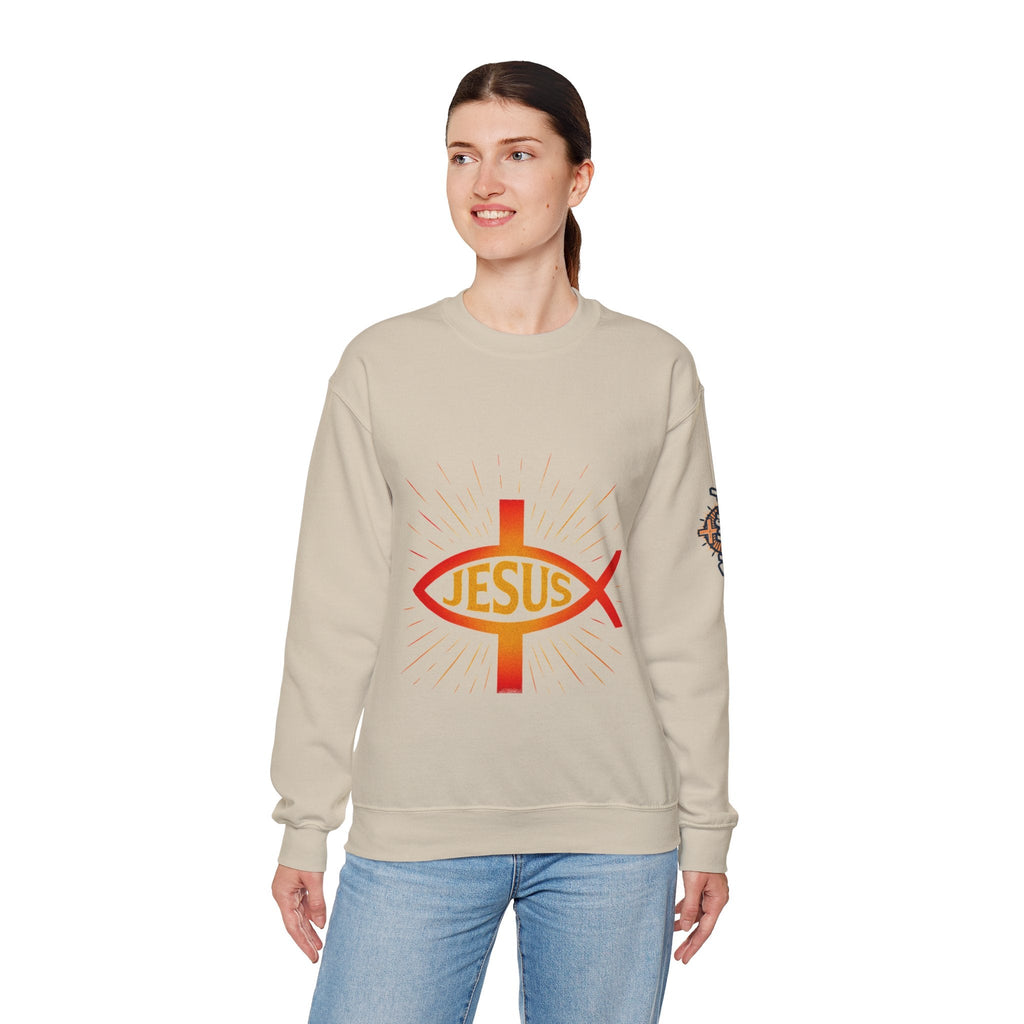 Jesus Ichthys Sweatshirt – Christian Fish Symbol with Cross & Jesus Inscription Sweatshirt for Eternal Faith & Streetwear Printify