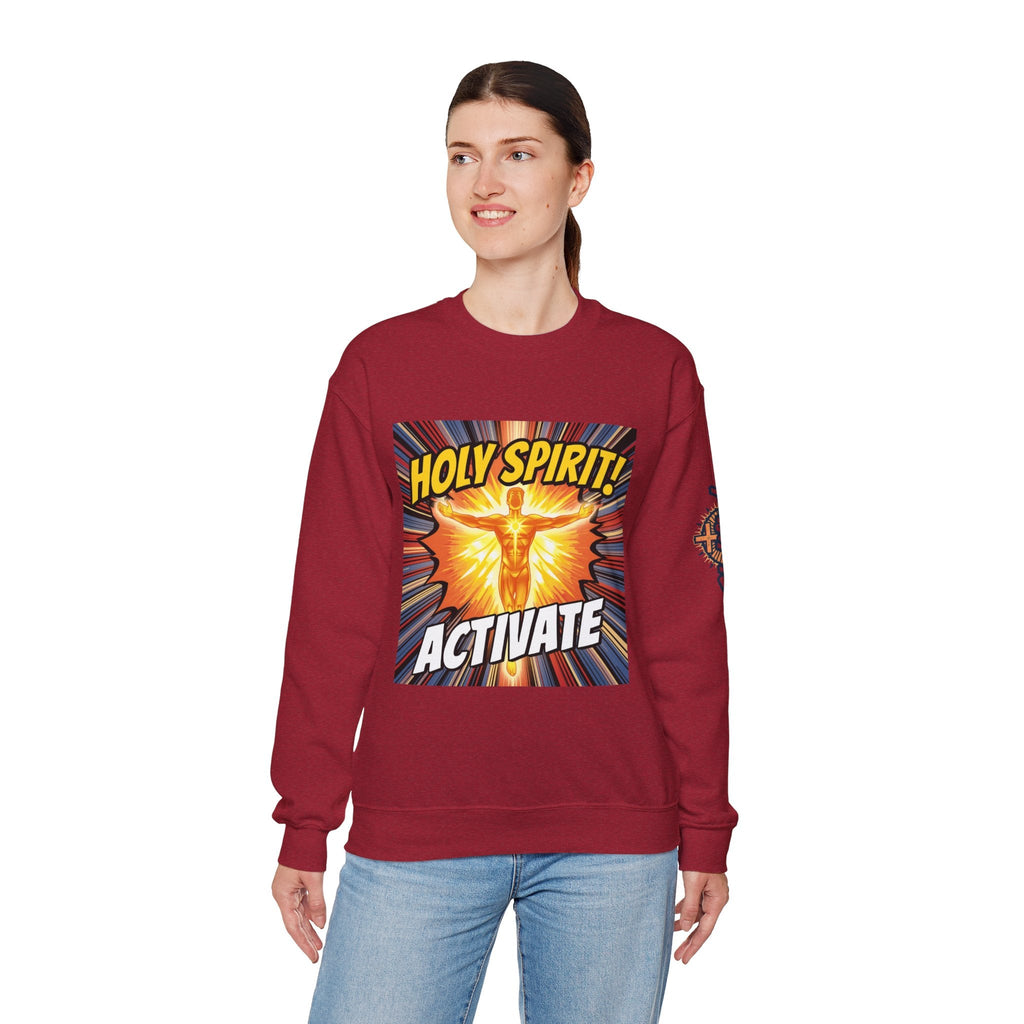 Holy Spirit Activate Sweatshirt – Superhero Christian Sweatshirt with Vibrant Power-Up Design for Faith-Fueled Boldness Printify